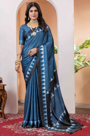Elegant Teal Satin Saree with Geometric Prints