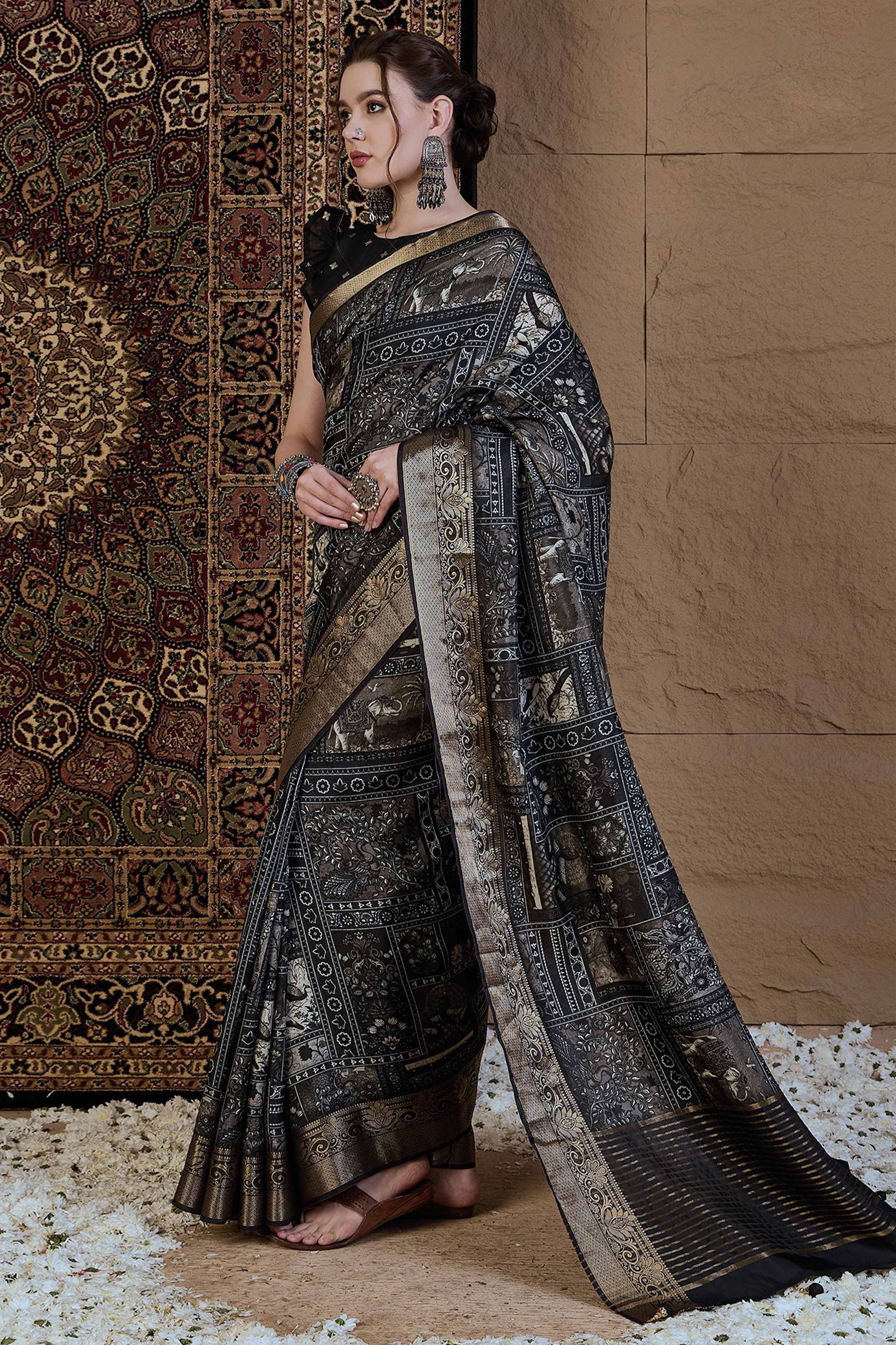 Black Viscose Saree Featuring Delicate Floral Prints and a Rich Zari Border