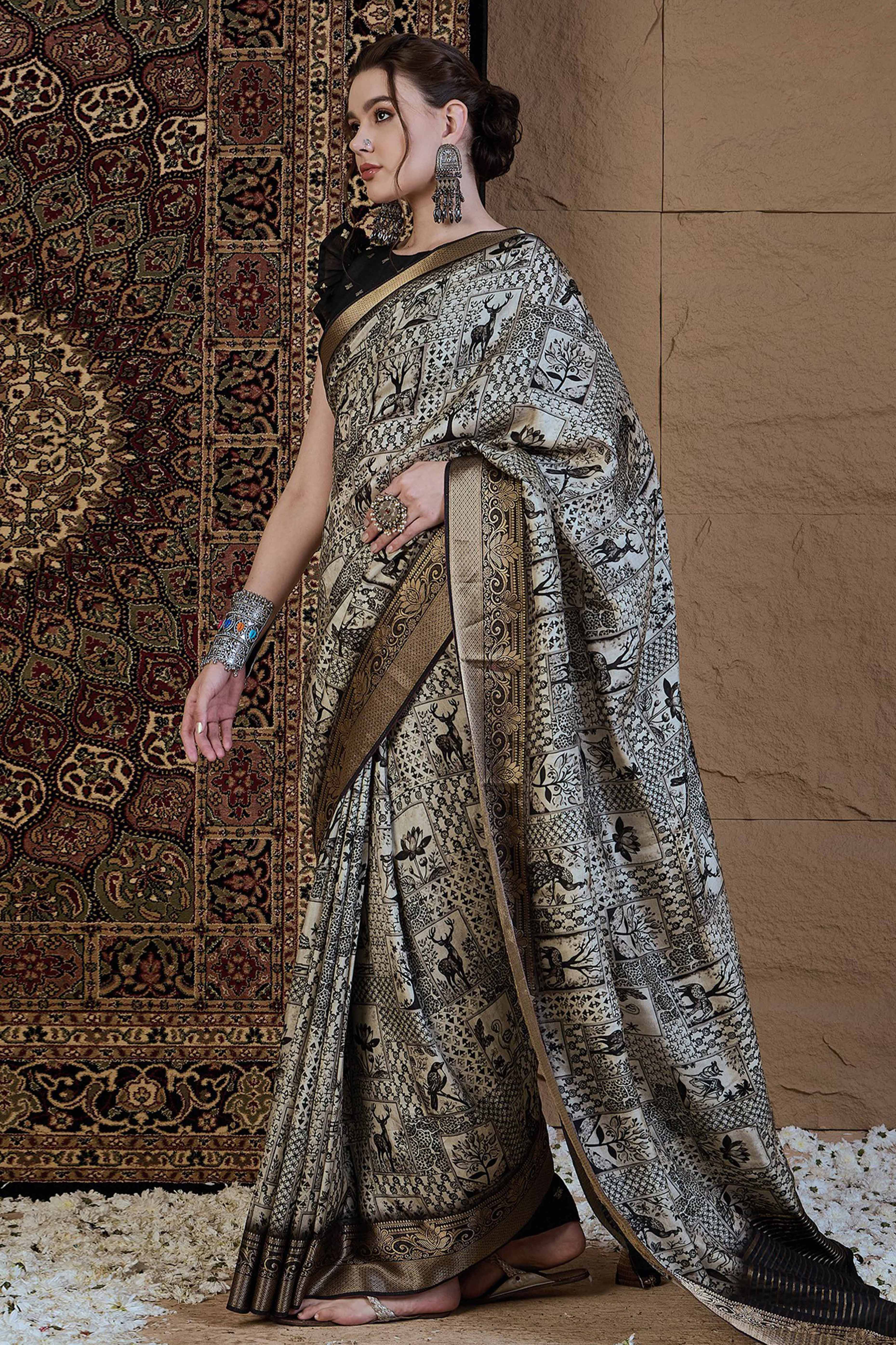 Off White Viscose Drape with Gentle Floral Designs and a Touch of Heritage Zari Work