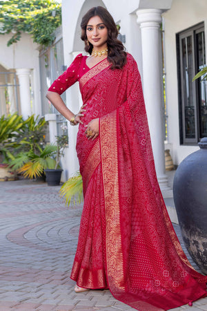 Red Bandhani Print Saree in Lightweight Viscose with Ornate Zari Border