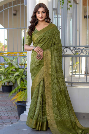 Green Bandhani Print Saree in Lightweight Viscose with Ornate Zari Border
