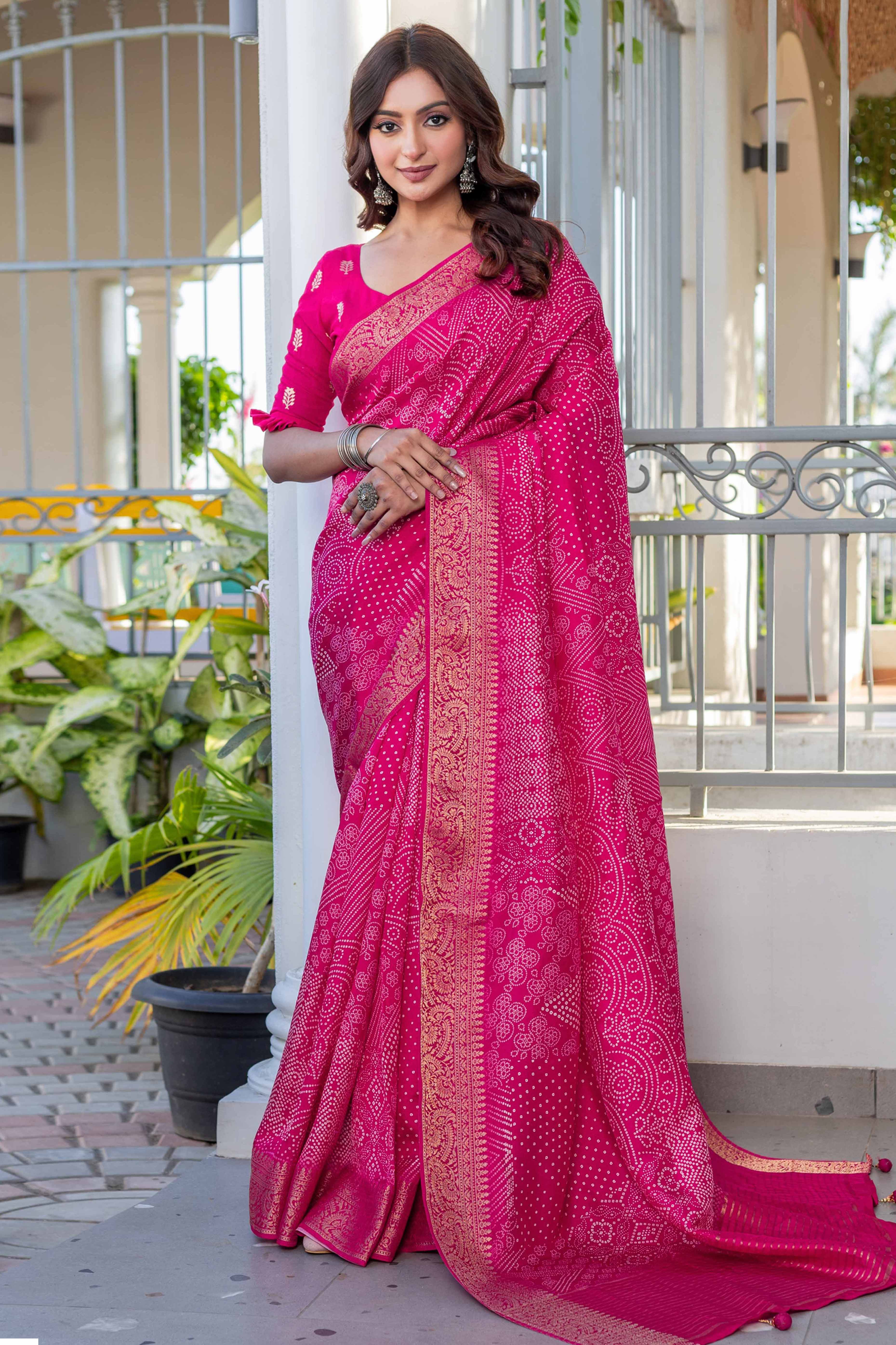 Pink Bandhani Print Saree in Lightweight Viscose with Ornate Zari Border