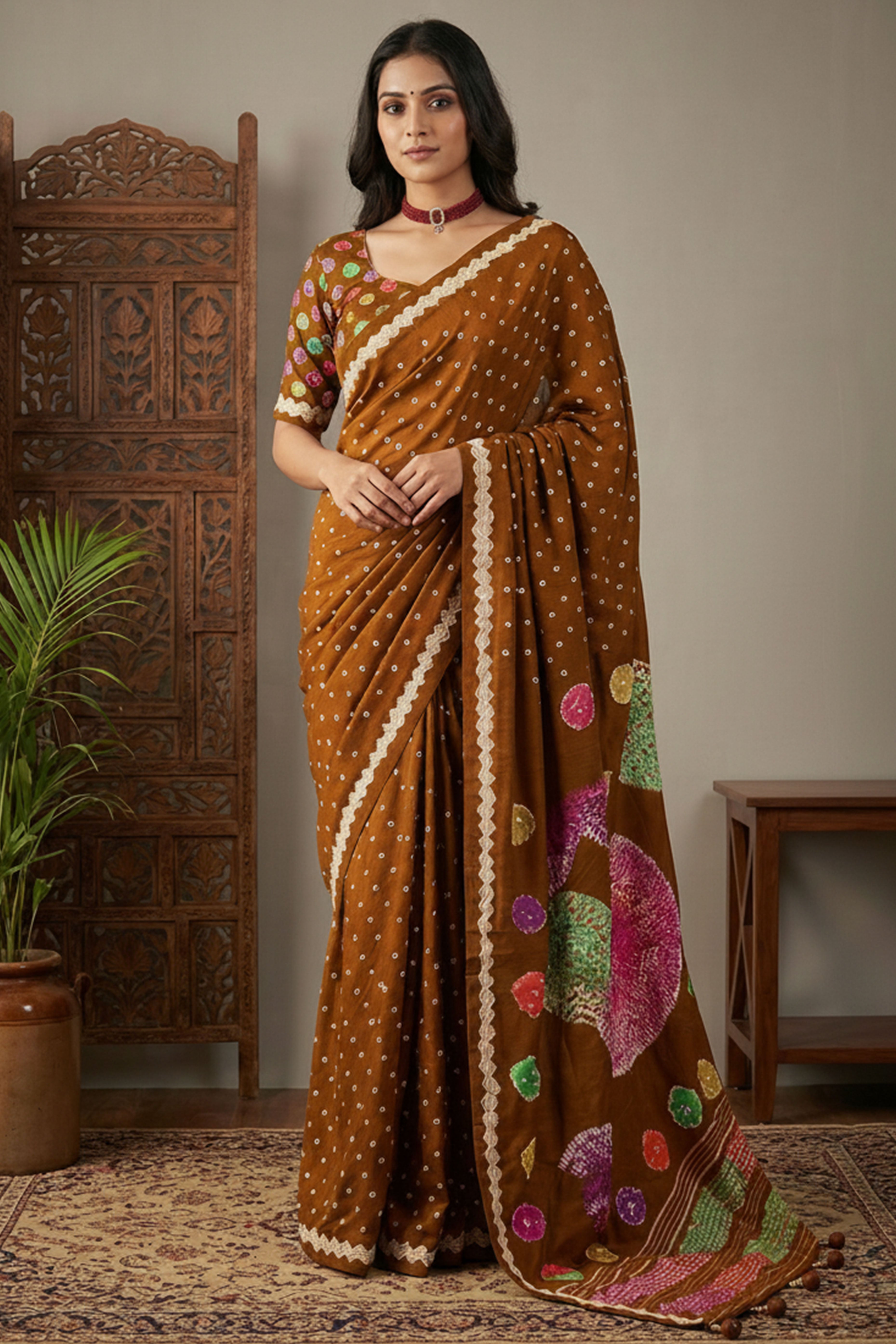 Brown Bandhani Print Premium Pure Dola Viscose Saree Party Essential