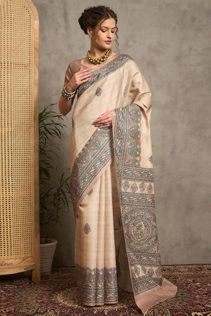 Elegant Cream Art Silk Saree Adorned with Traditional Madhubani Art-Inspired Prints