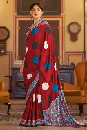 Red Geometric Printed Satin Saree With Tassels