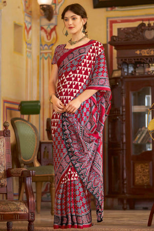 Red Geometric Printed Satin Saree With Tassels