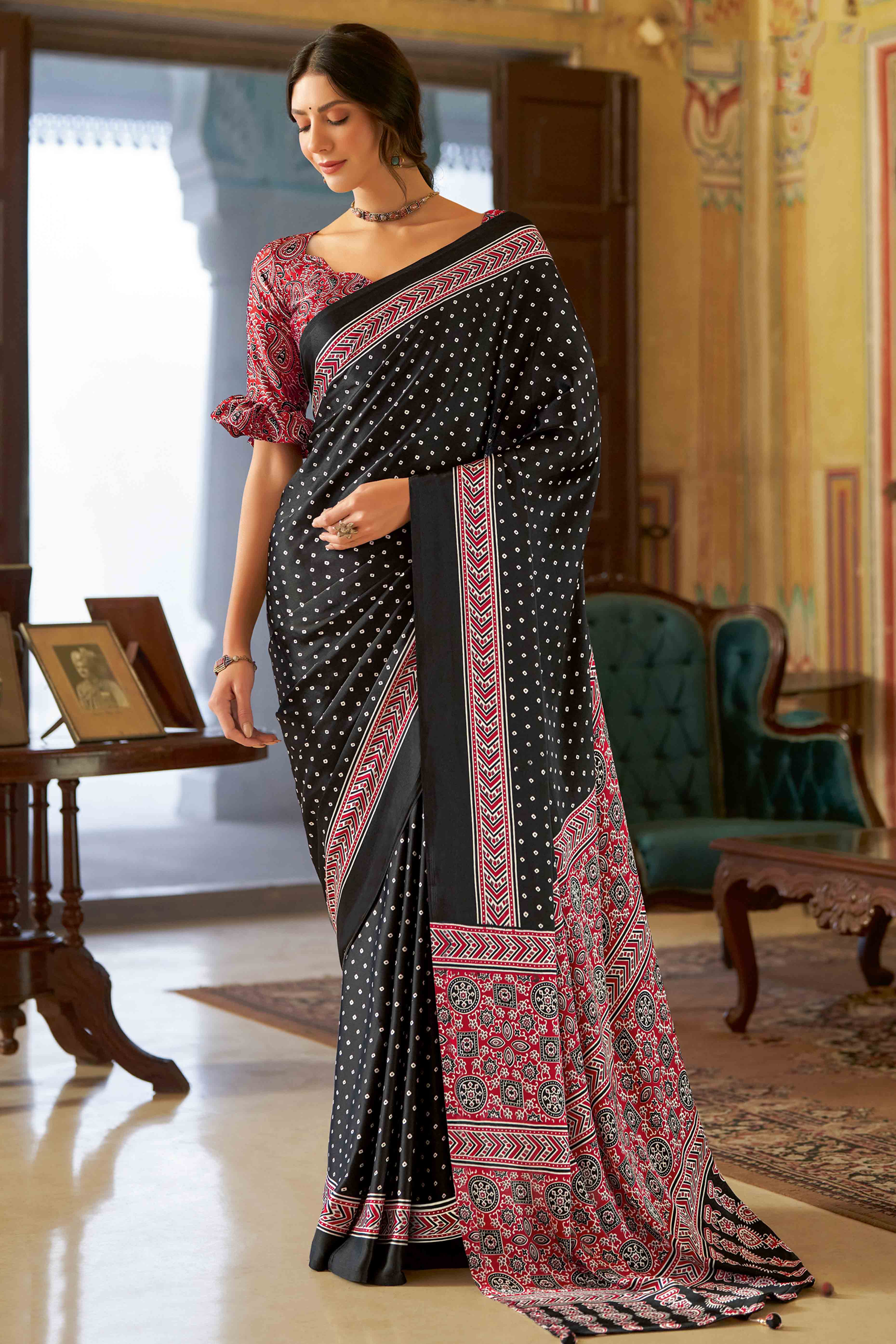 Black Bandhani Printed Satin Saree With Tassels