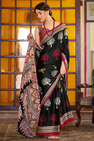 Black Floral Ajrakh Printed Satin Saree With Tassels