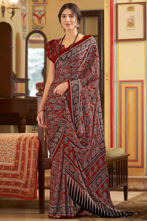 Maroon Floral Ajrakh Printed Satin Saree With Tassels