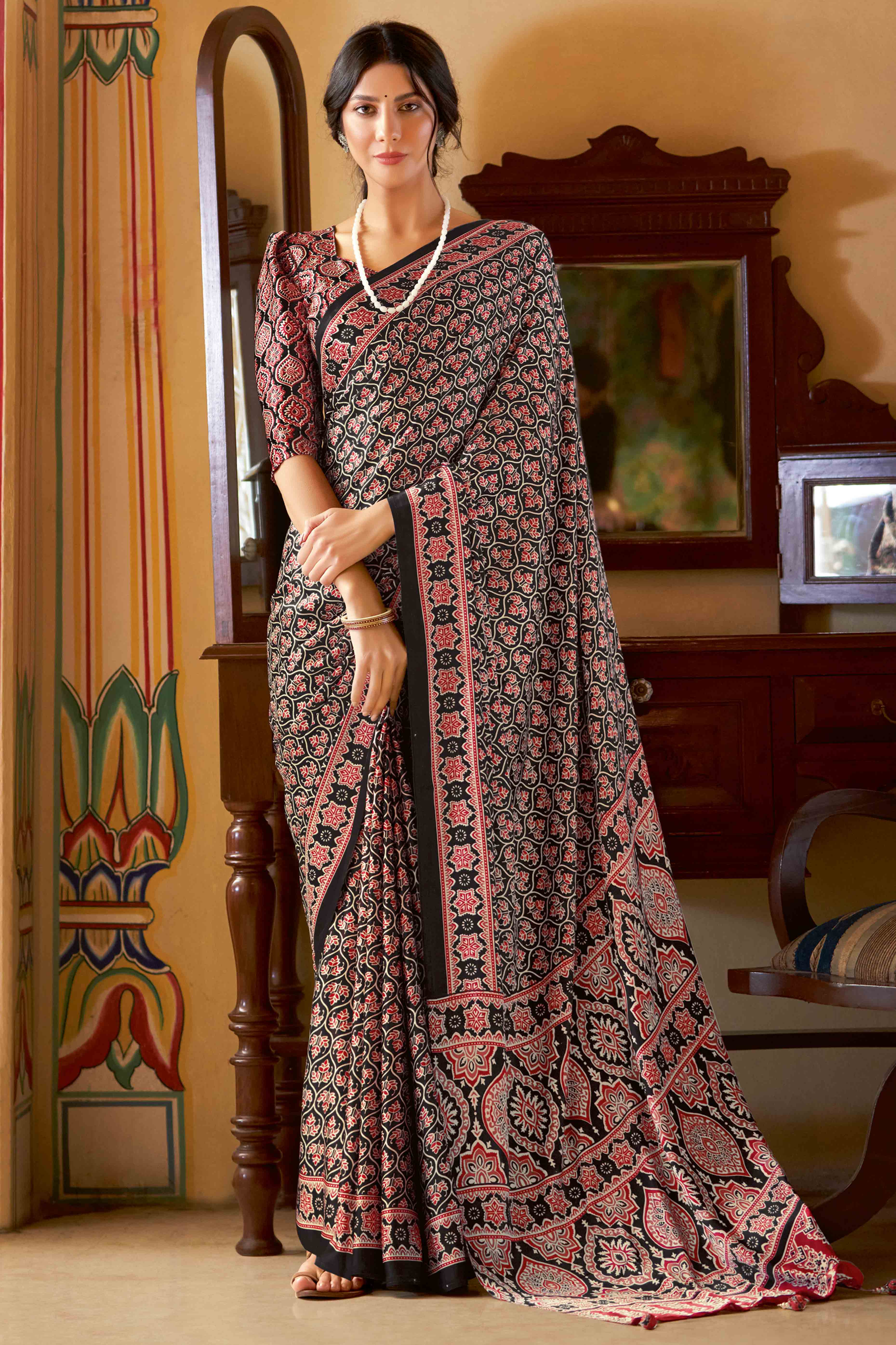 Black Floral Ajrakh Printed Satin Saree With Tassels