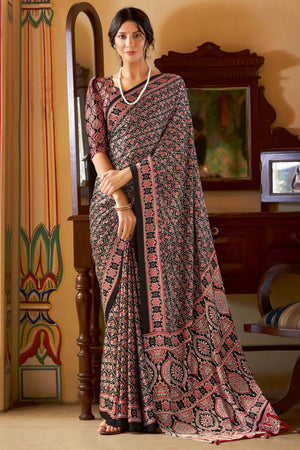 Black Floral Ajrakh Printed Satin Saree With Tassels