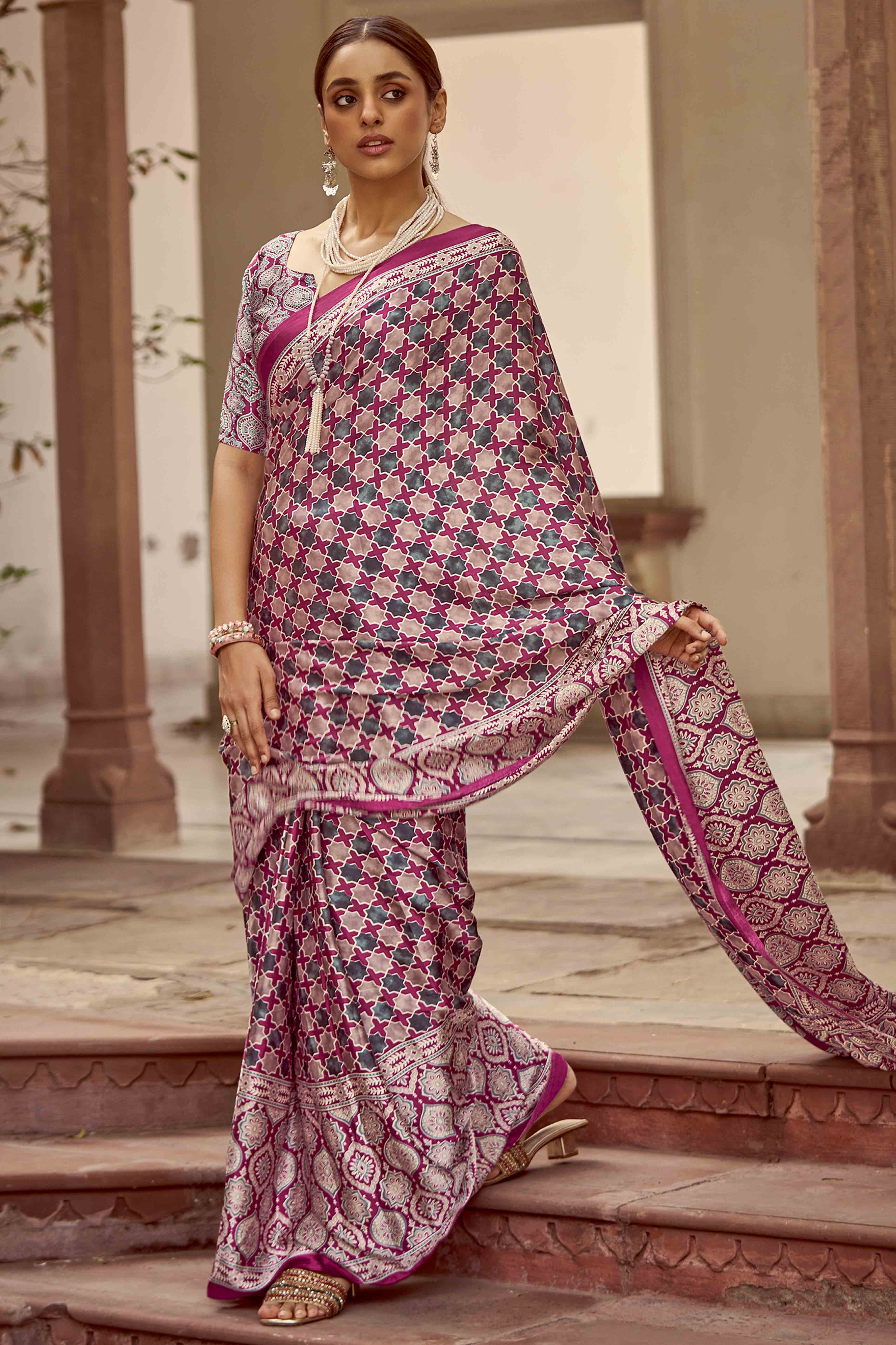 Purple Geometric Ajrakh Printed Satin Saree With Tassels