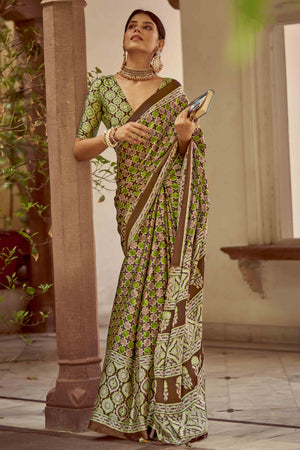 Green Geometric Ajrakh Printed Satin Saree With Tassels