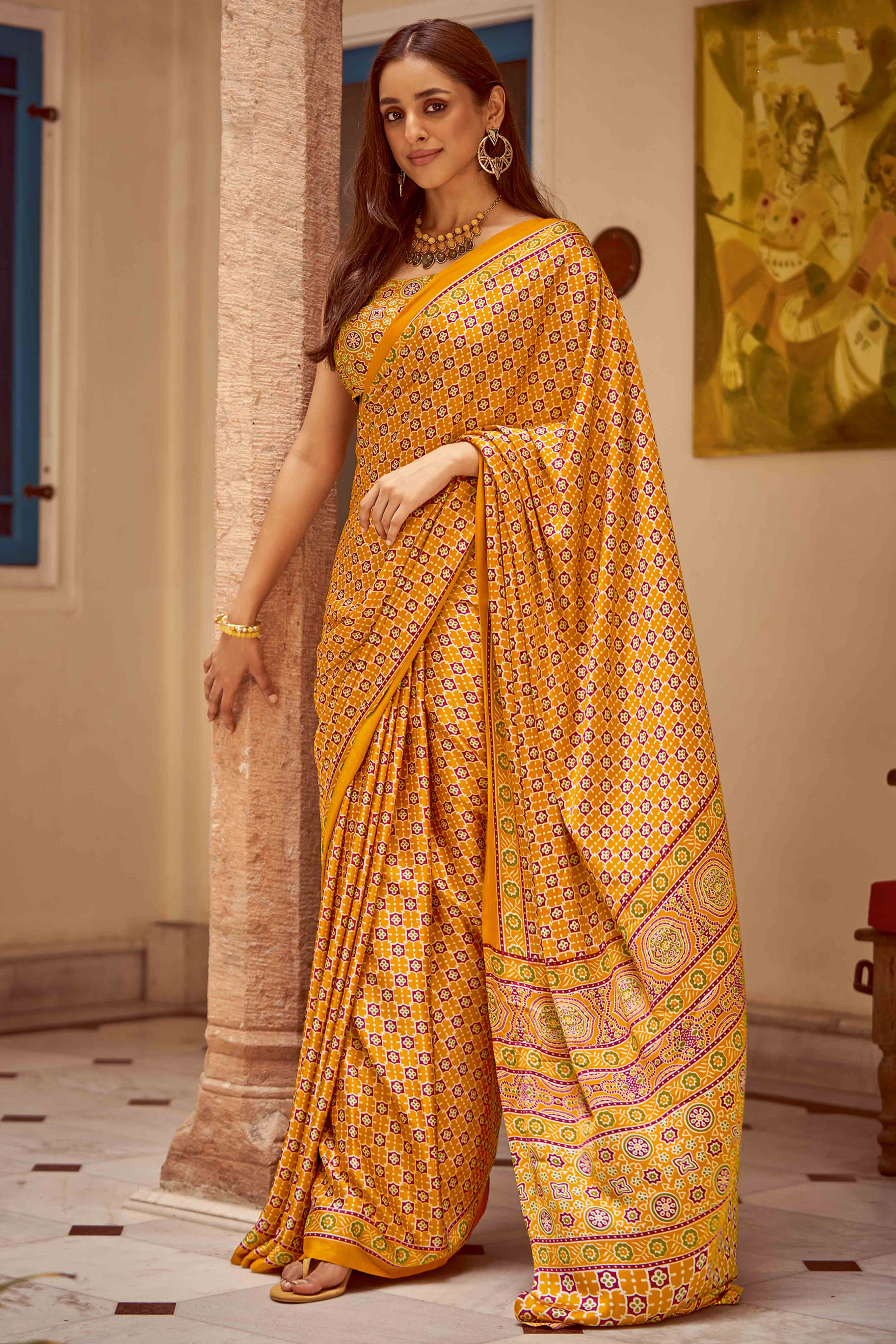 Mustard Floral Ajrakh Printed Satin Saree With Tassels