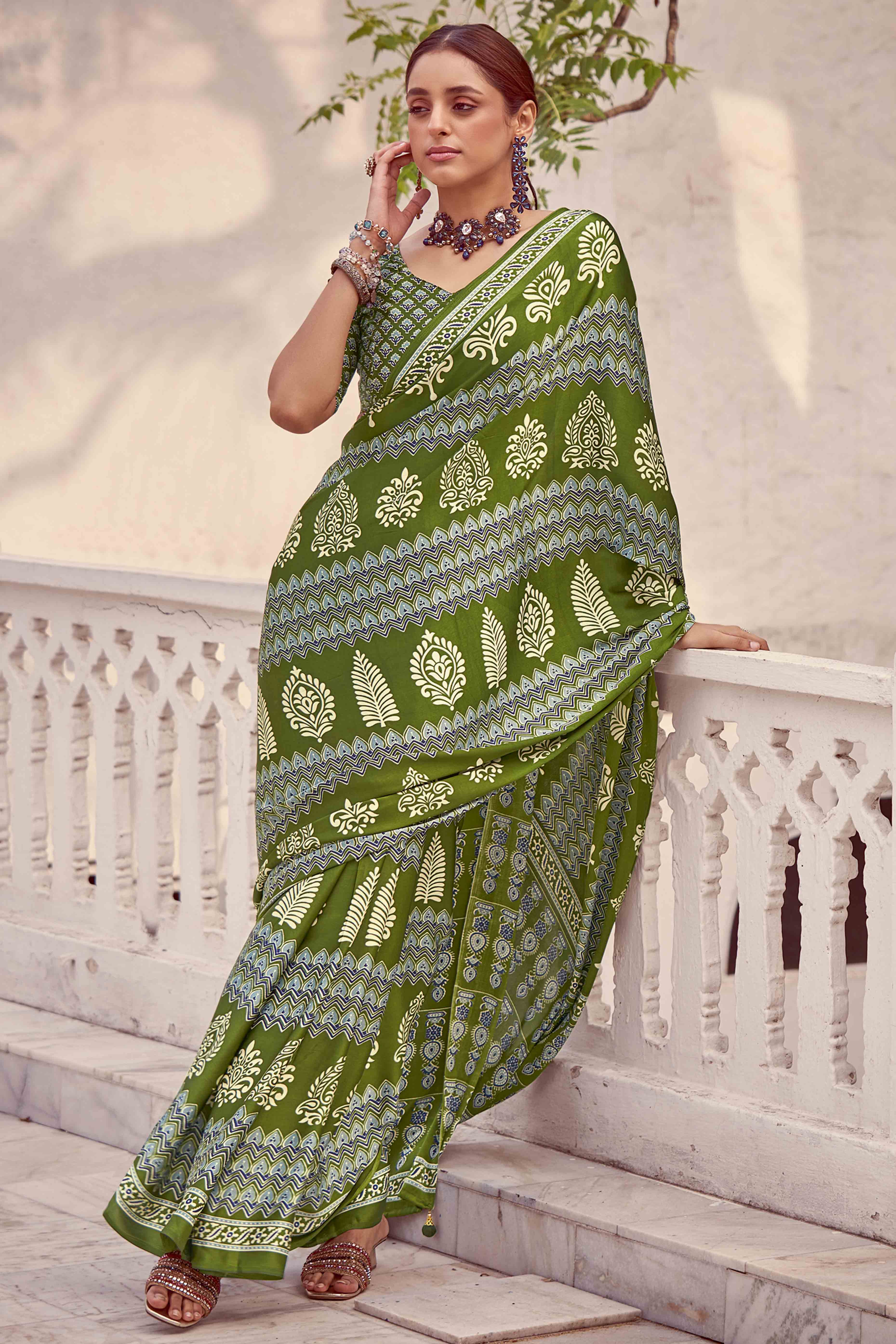 Green Floral Ajrakh Printed Satin Saree With Tassels