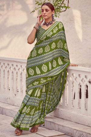 Green Floral Ajrakh Printed Satin Saree With Tassels