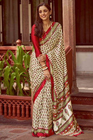 Offwhite & Red Floral Ajrakh Printed Satin Saree With Tassels