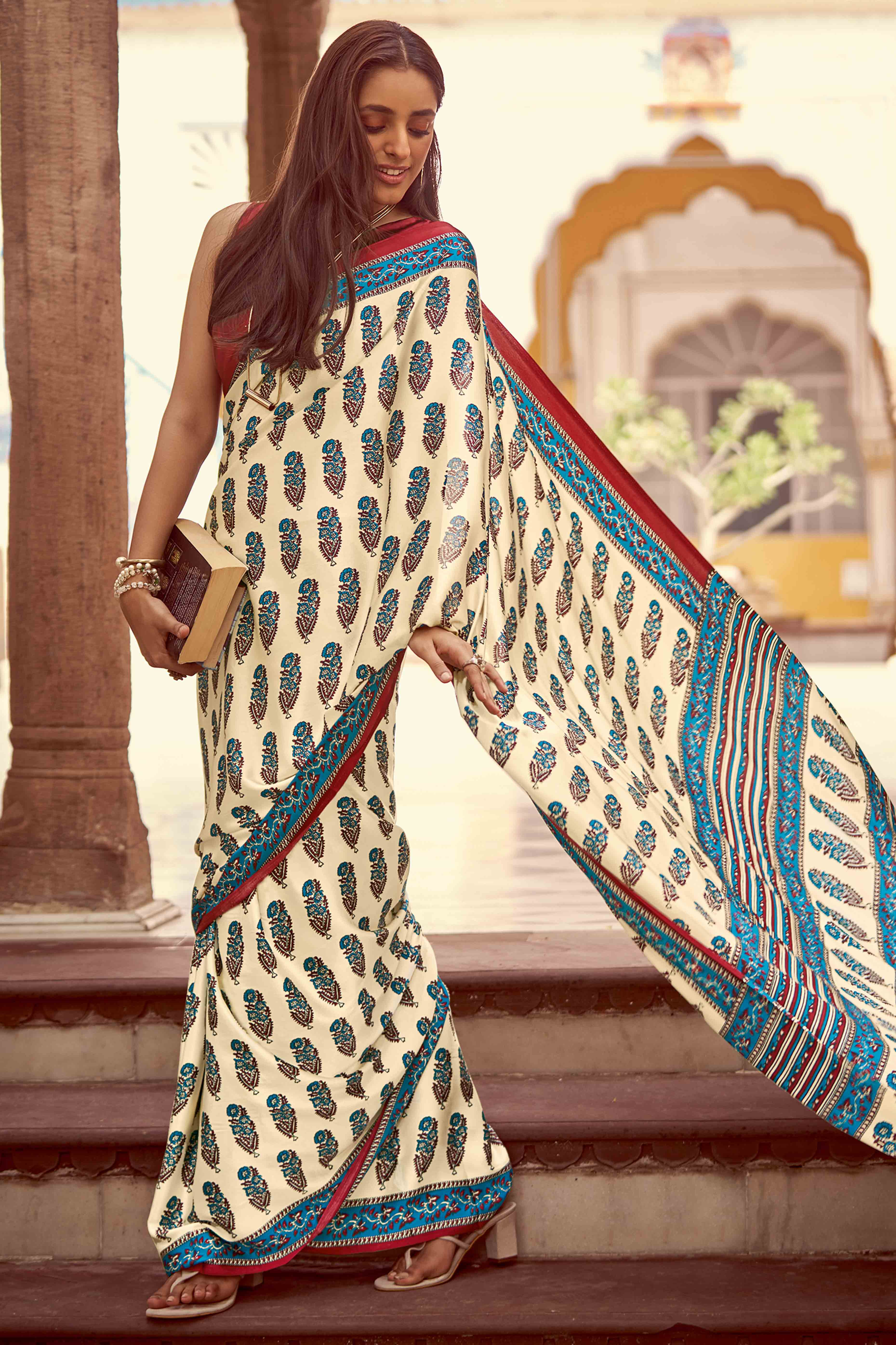 Offwhite & Blue Floral Ajrakh Printed Satin Saree With Tassels