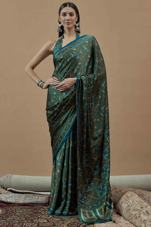 Morpich Green Ajrakh Printed Satin Saree With Tassels