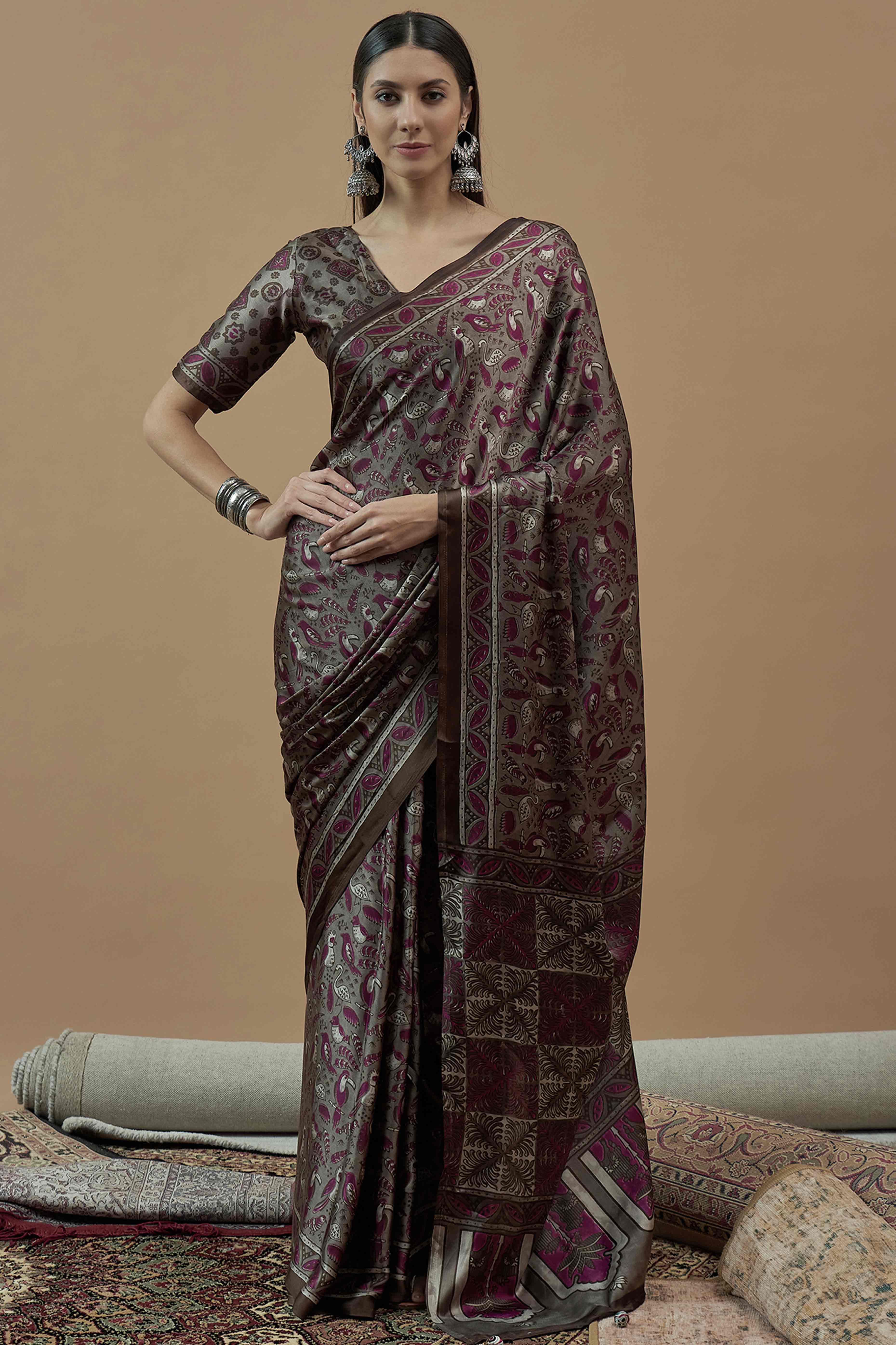Grey & Magenta Ajrakh Printed Satin Saree With Tassels