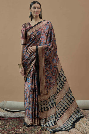 Mauve Ajrakh Printed Satin Saree With Tassels