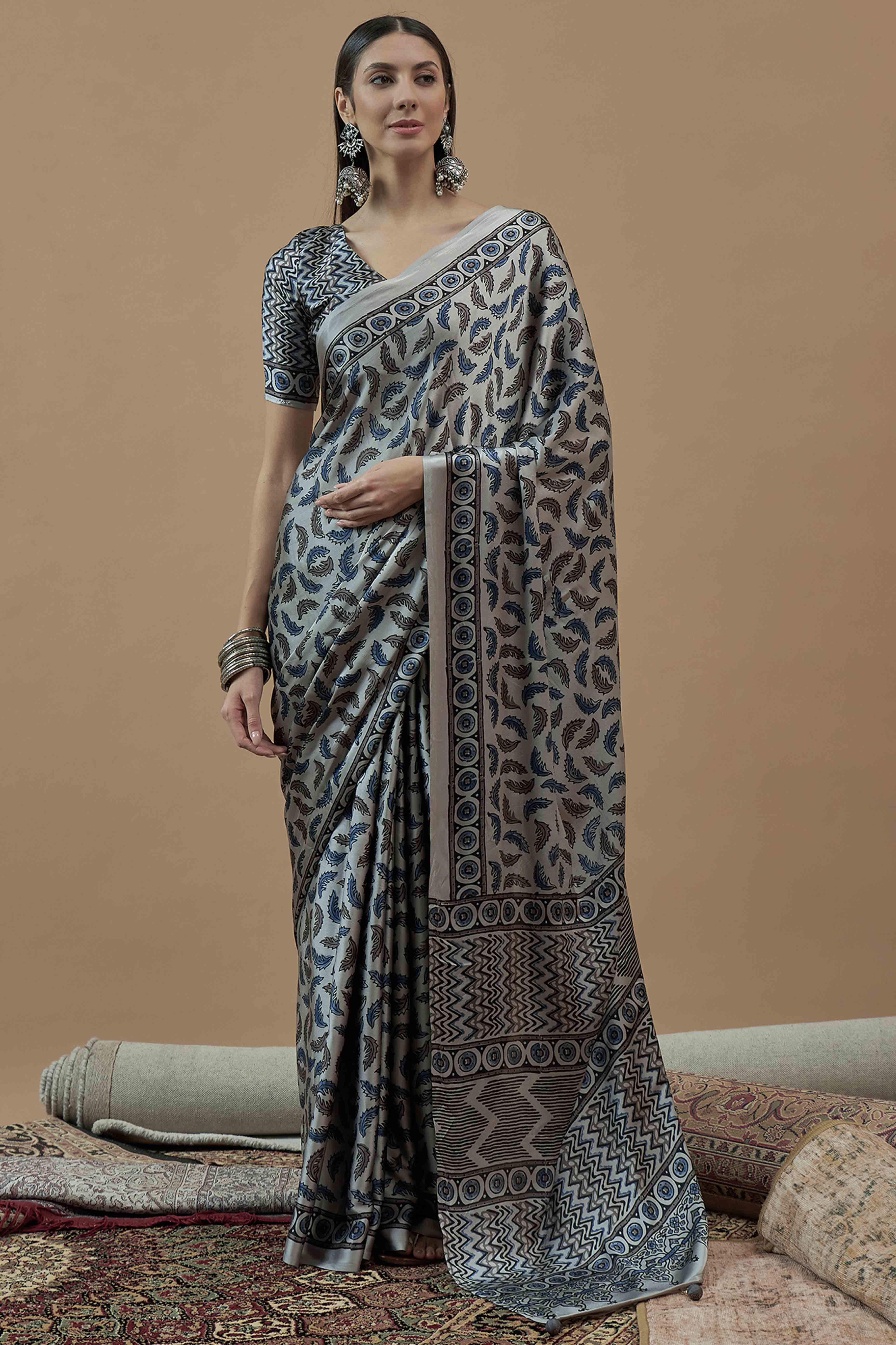 Grey Ajrakh Printed Satin Saree With Tassels