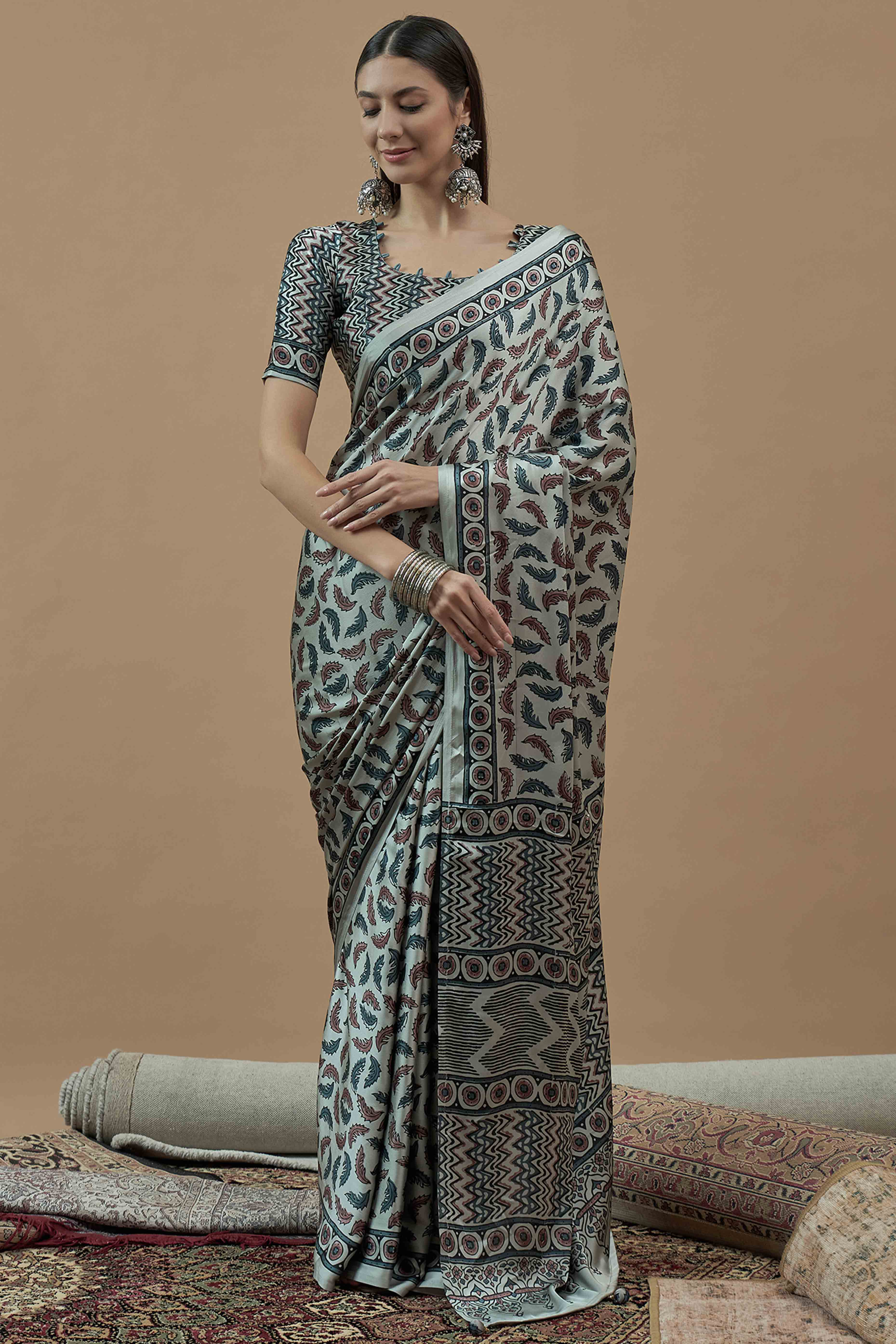 Light Seafoam Blue Ajrakh Printed Satin Saree With Tassels