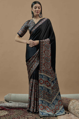 Black Floral Ajrakh Printed Satin Saree With Tassels