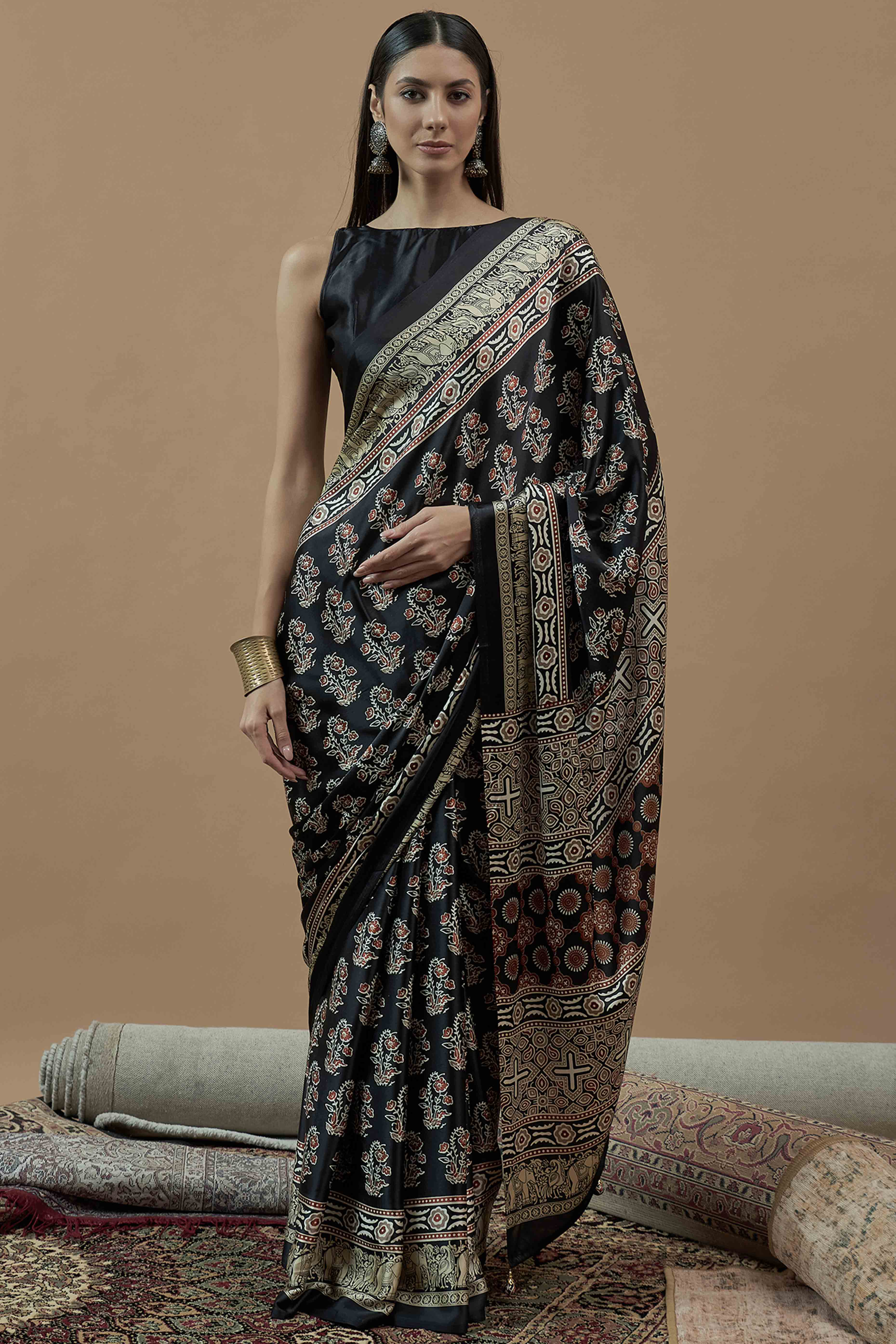 Black Floral Ajrakh Printed Satin Saree With Tassels