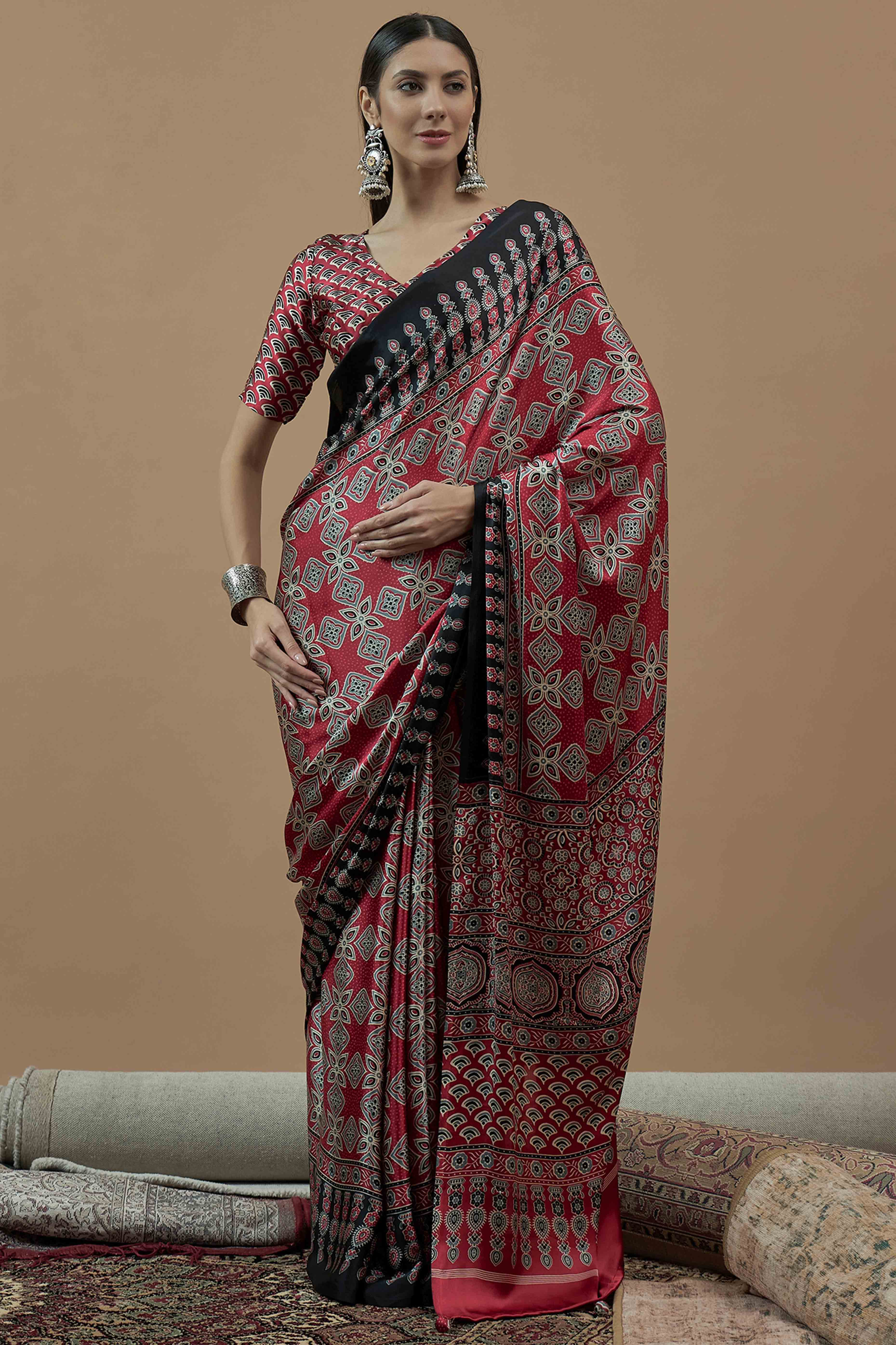 Red Floral Ajrakh Printed Satin Saree With Tassels