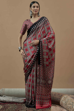 Red Floral Ajrakh Printed Satin Saree With Tassels