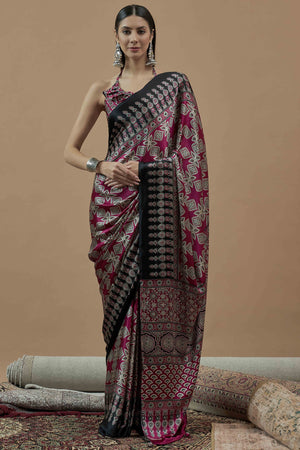 Magenta Floral Ajrakh Printed Satin Saree With Tassels