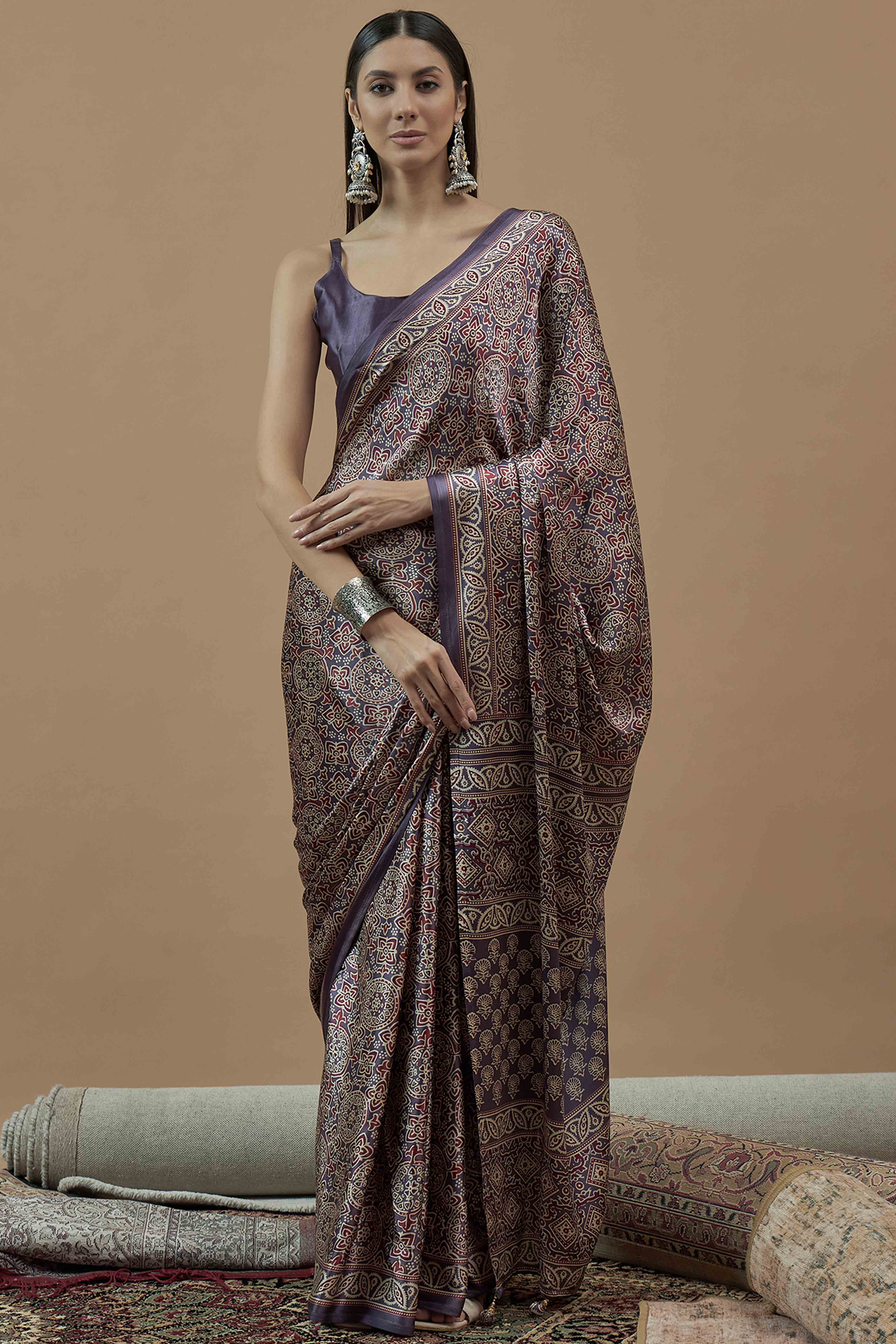 Purple Floral Ajrakh Printed Satin Saree With Tassels