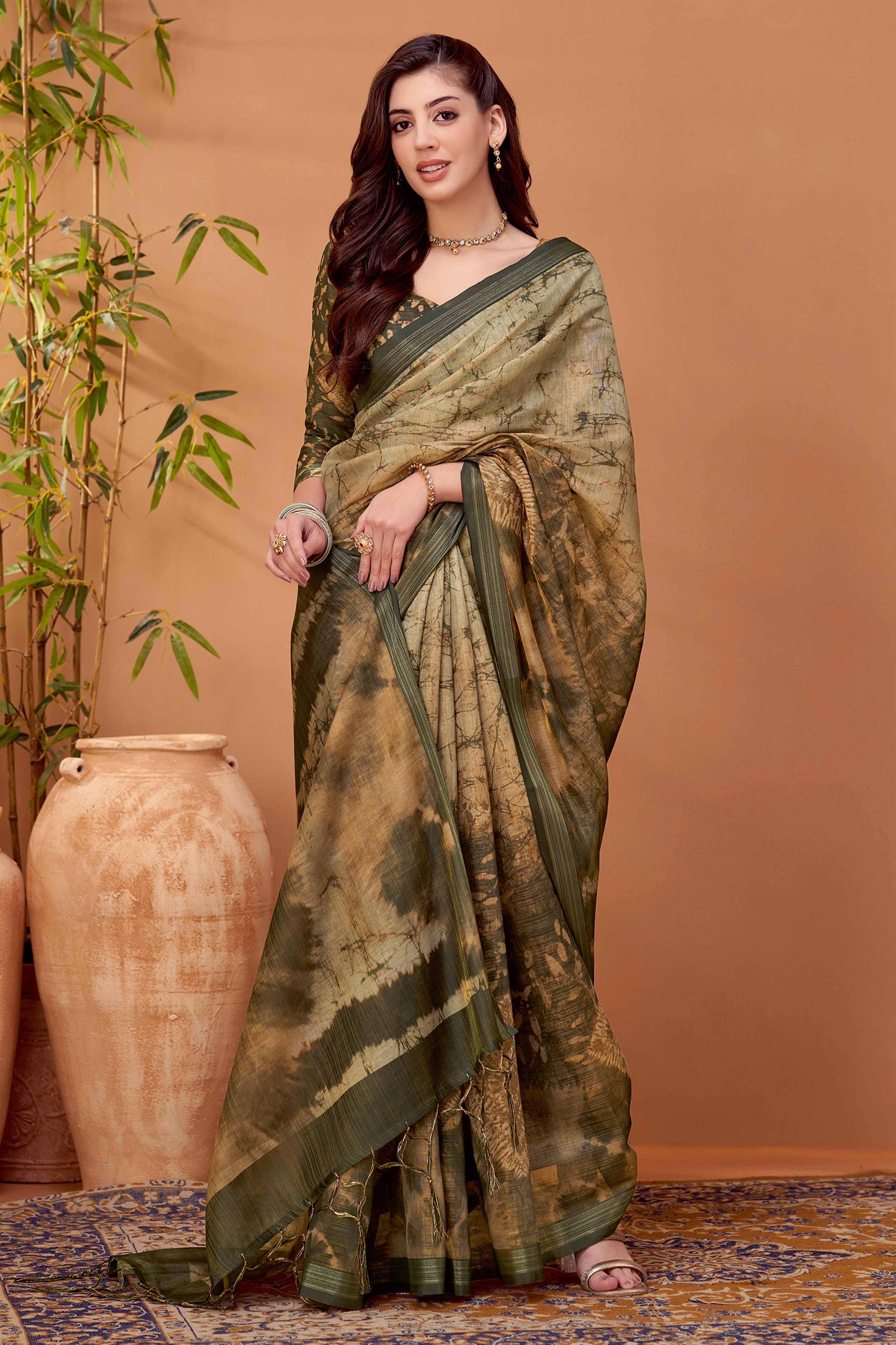 Graceful Green Floral Linen Khadi Saree in a Lightweight Drape