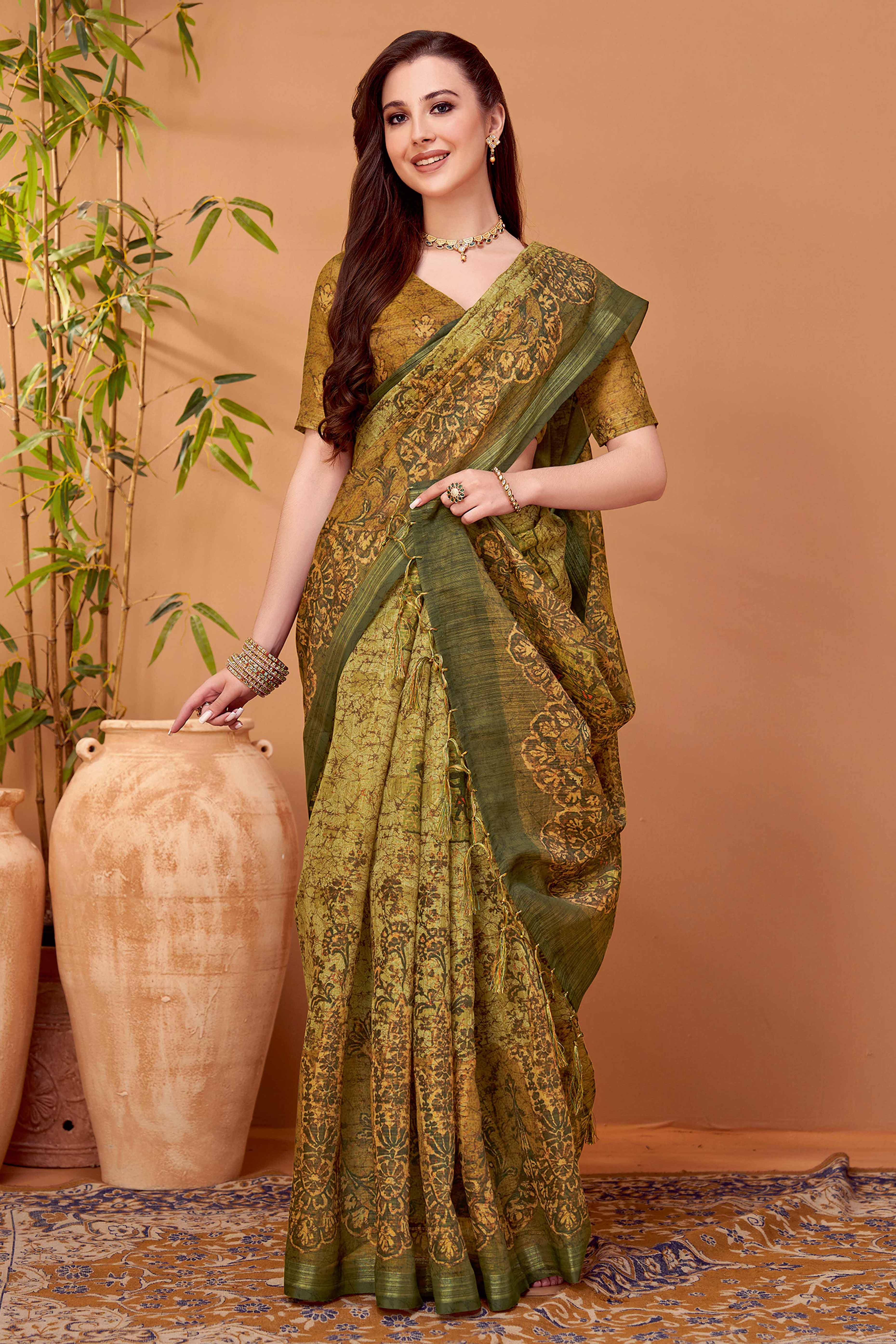 Soothing Green Linen Khadi Saree with Tonal Floral Print Detailing