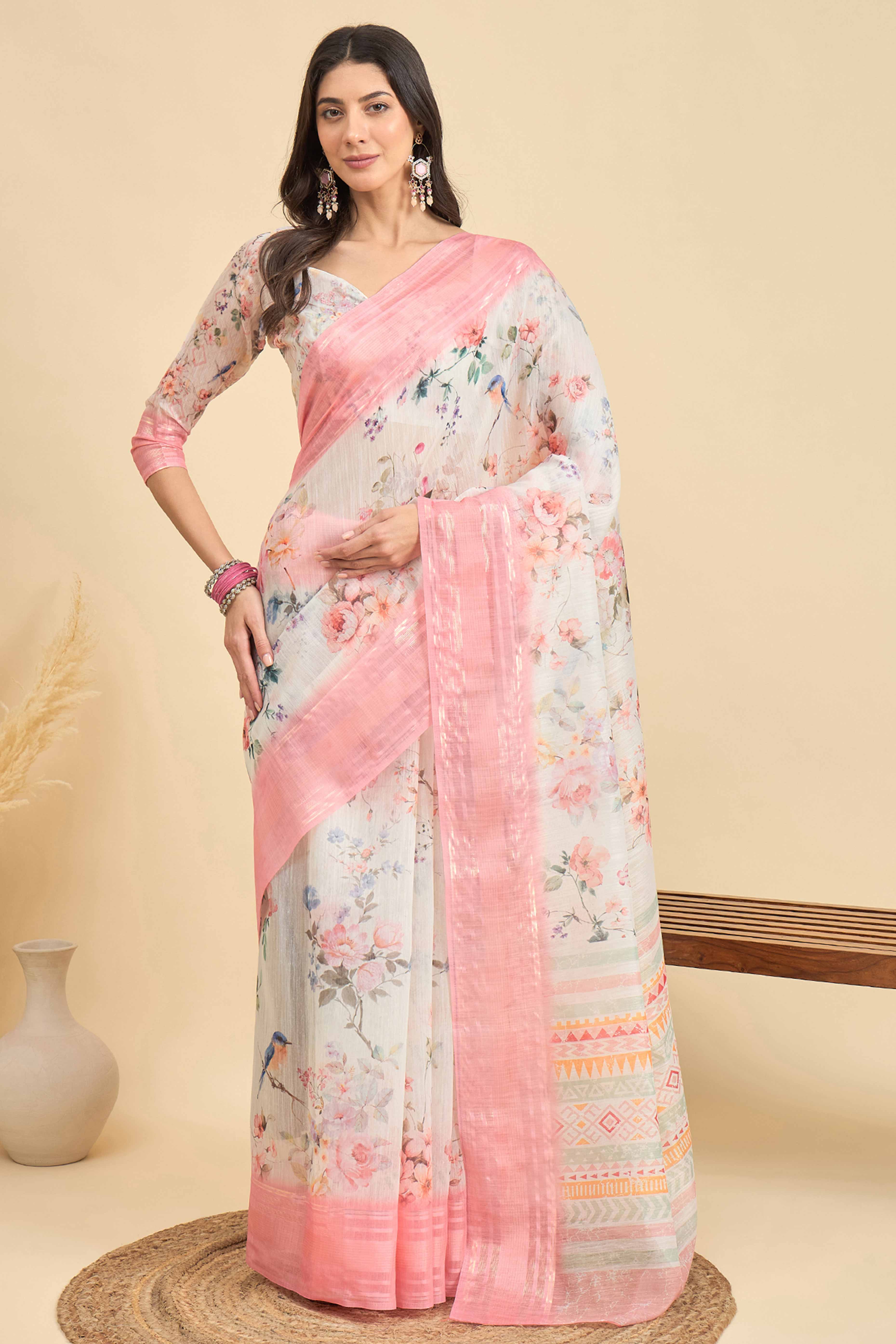 White & Gajari Pink Floral Printed Soft Linen Saree