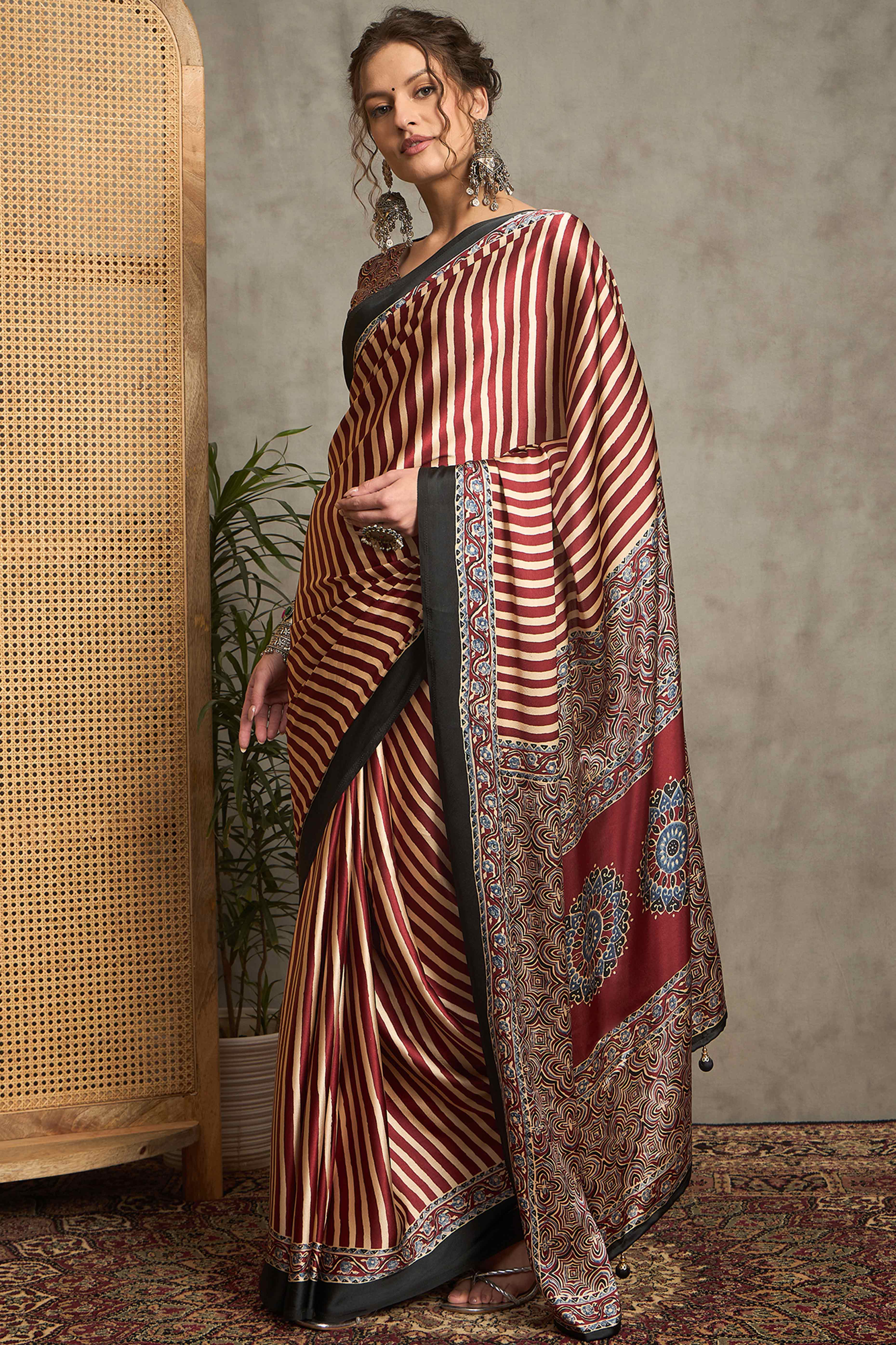 Maroon Ajrakh Print Satin Saree with Traditional Charm
