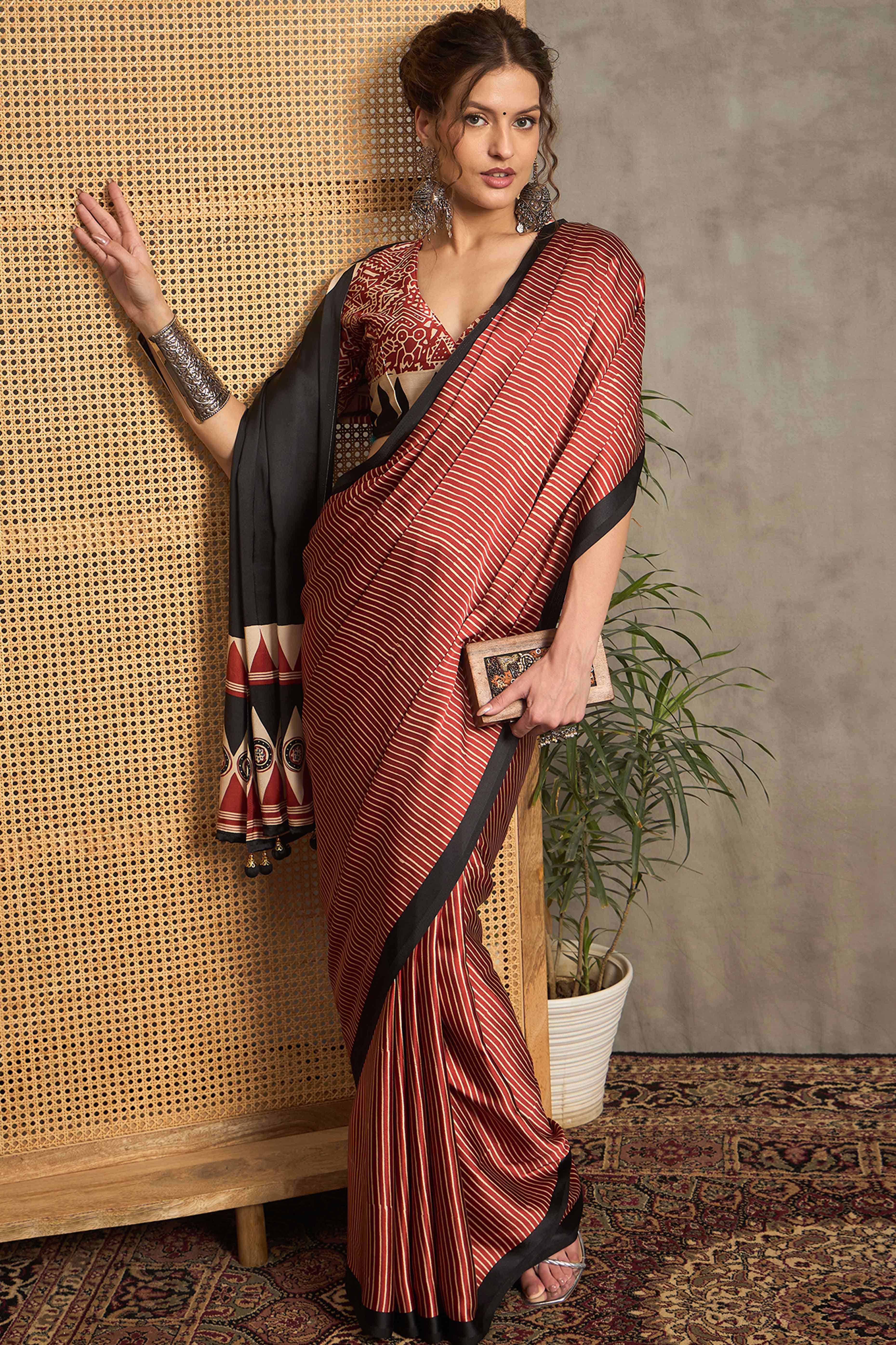 Maroon Ajrakh Print Satin Saree with Traditional Charm