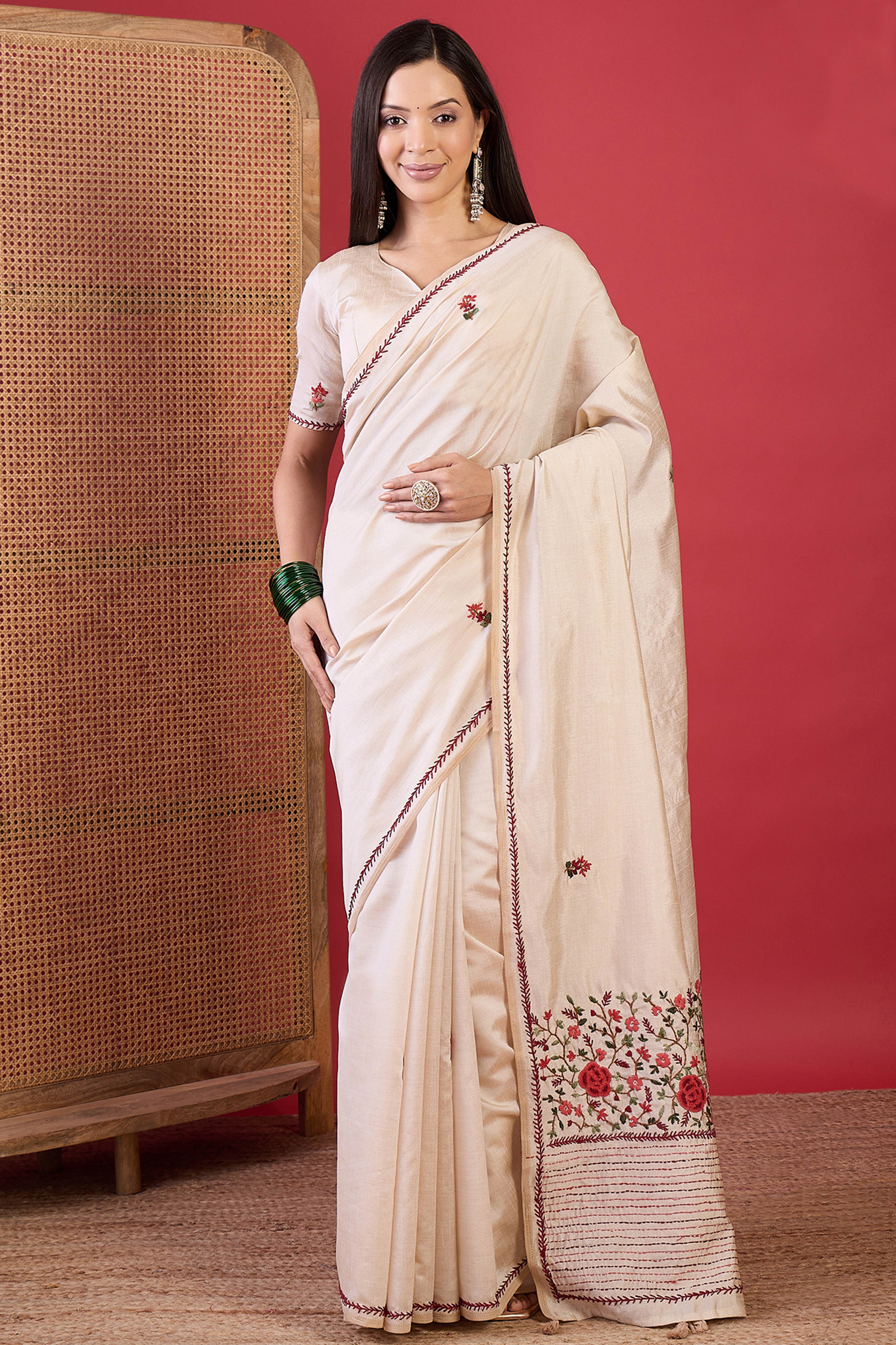 Cream Tussar Silk Saree with Fine Thread Work Embroidery for Festive Wear