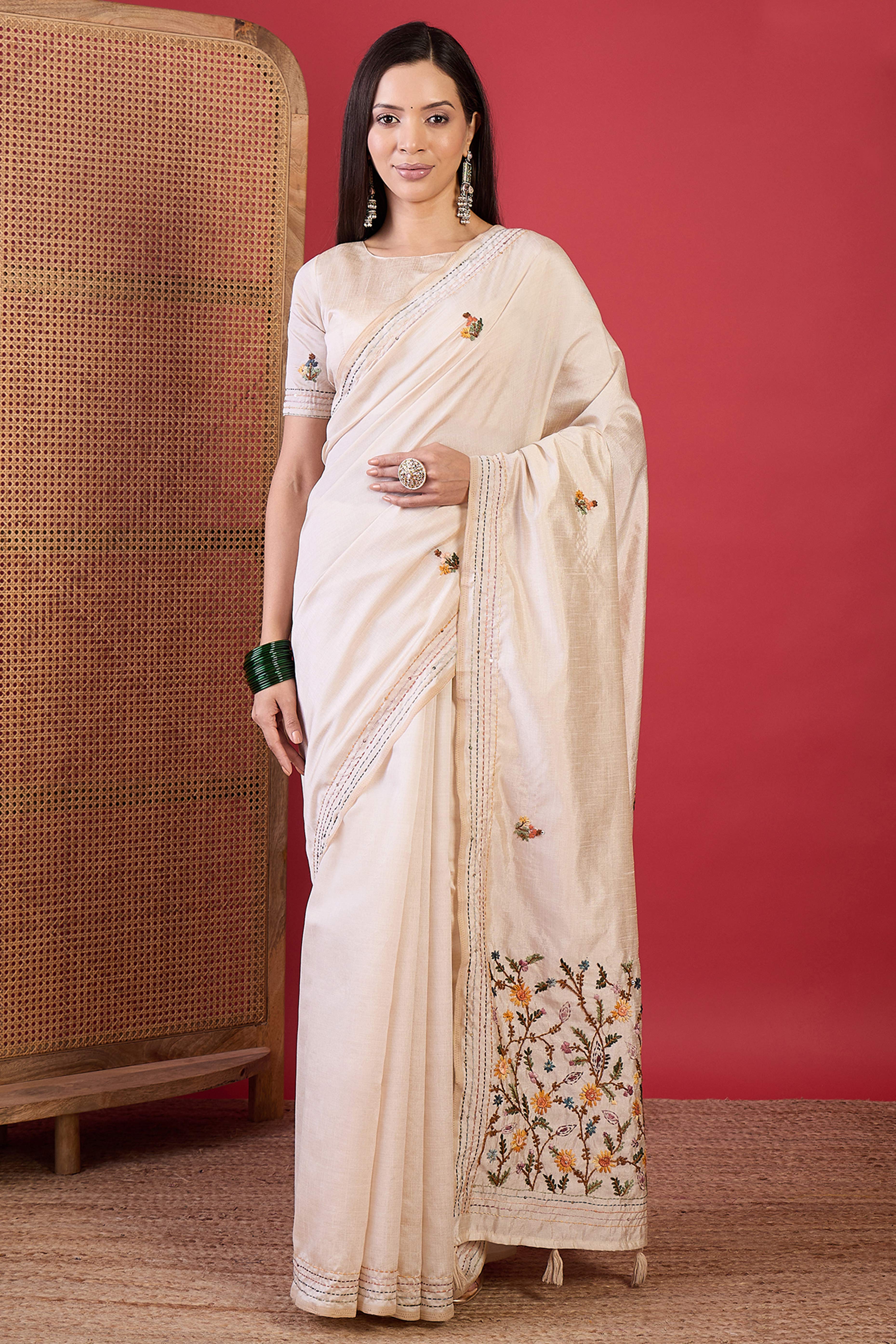 Cream Festive Wear Tussar Silk Saree Adorned with Delicate Thread Embroidery
