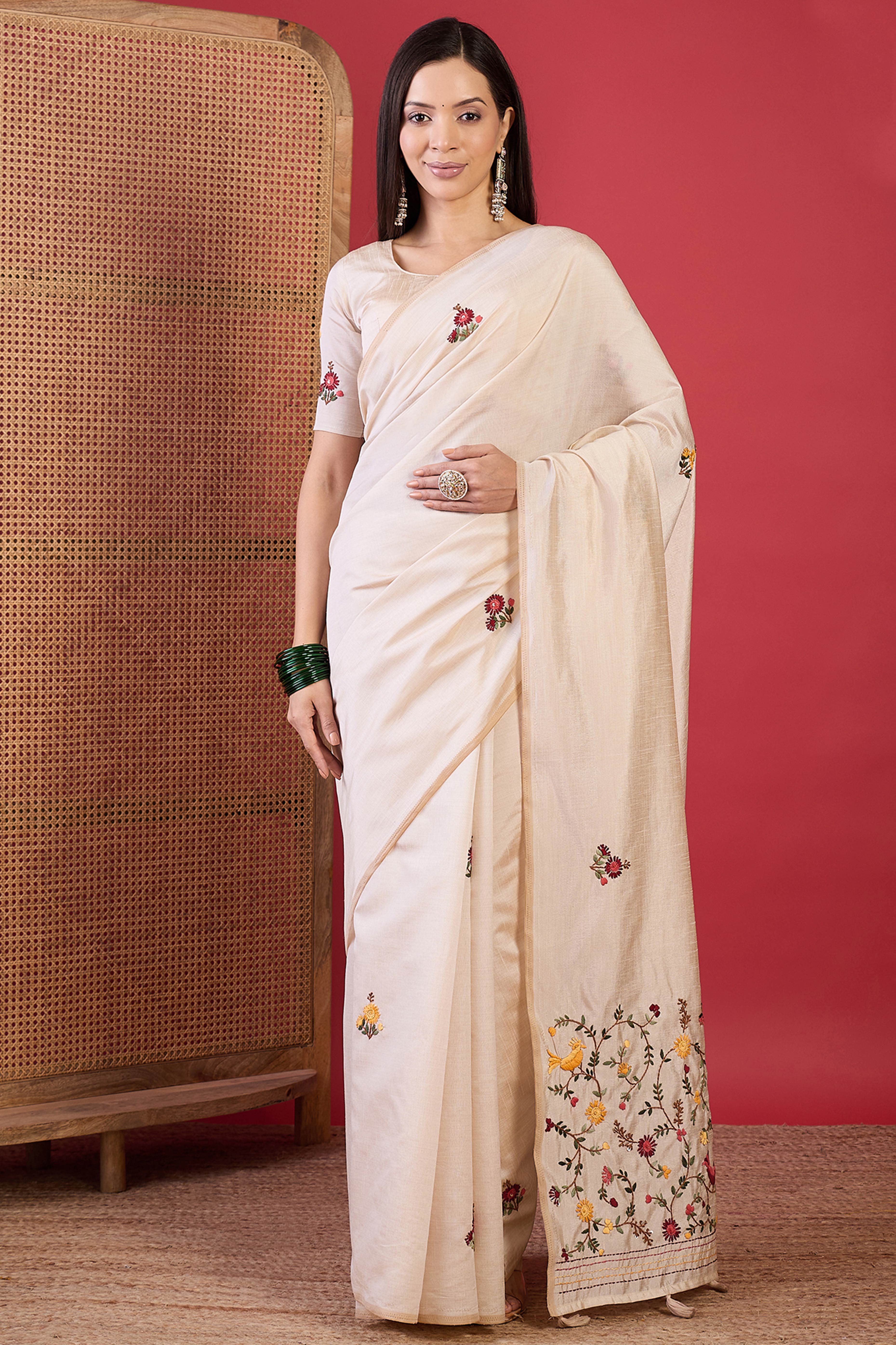 Cream Thread Embroidered Tussar Silk Saree for Traditional Occasions