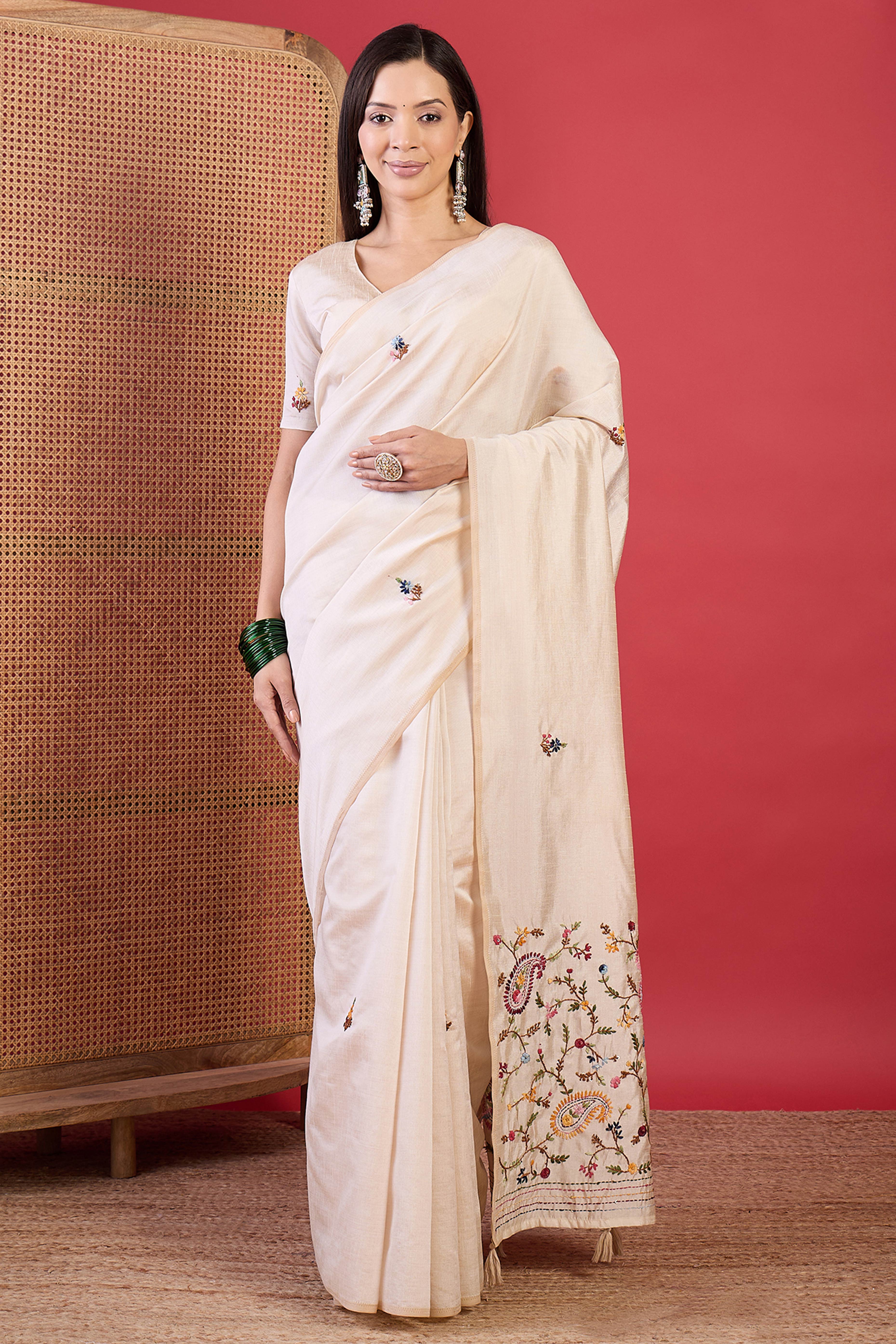 Cream Tussar Silk Festive Saree Featuring Thread Work