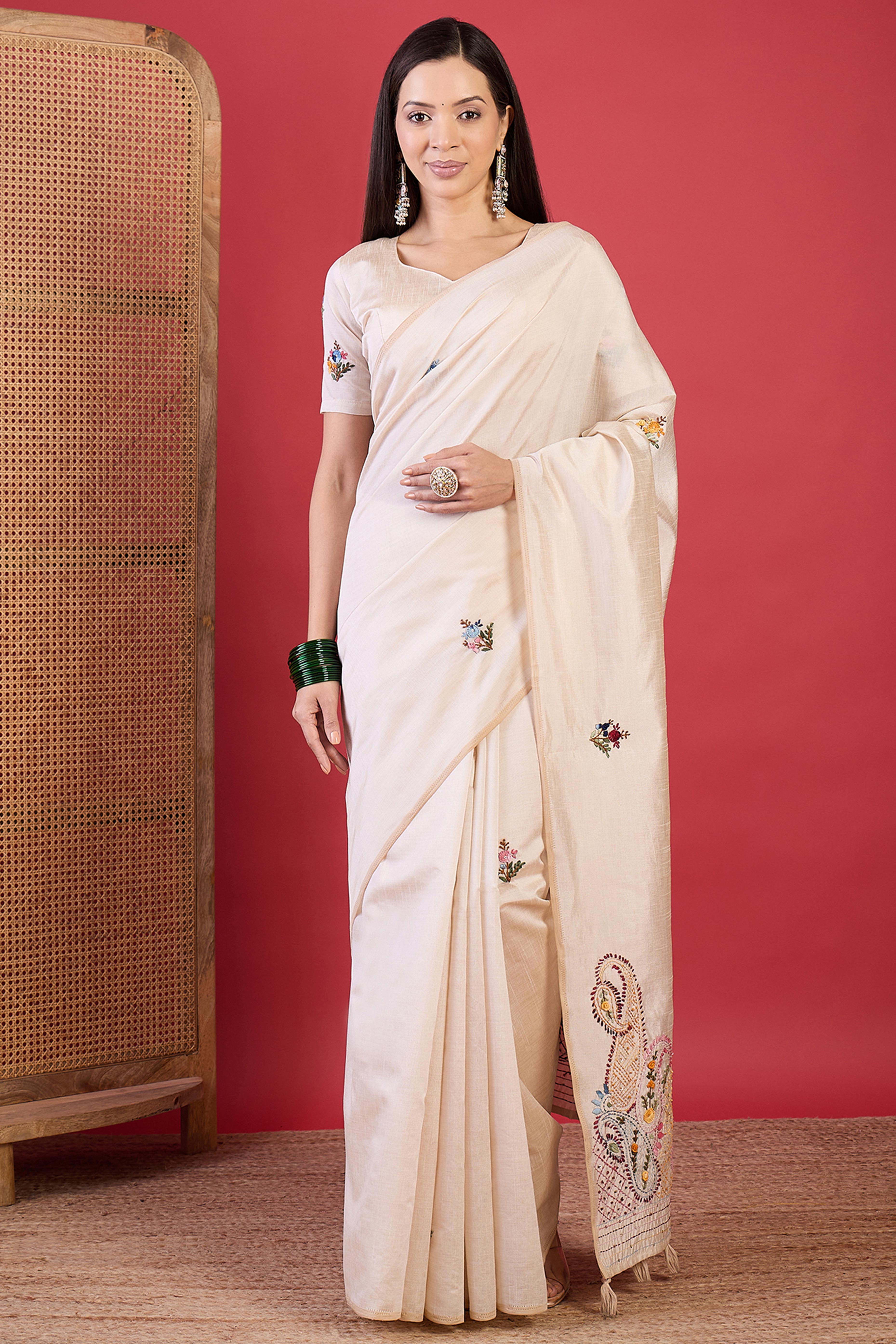 Cream Thread Work Embroidered Tussar Silk Saree for Elegant Festive Wear