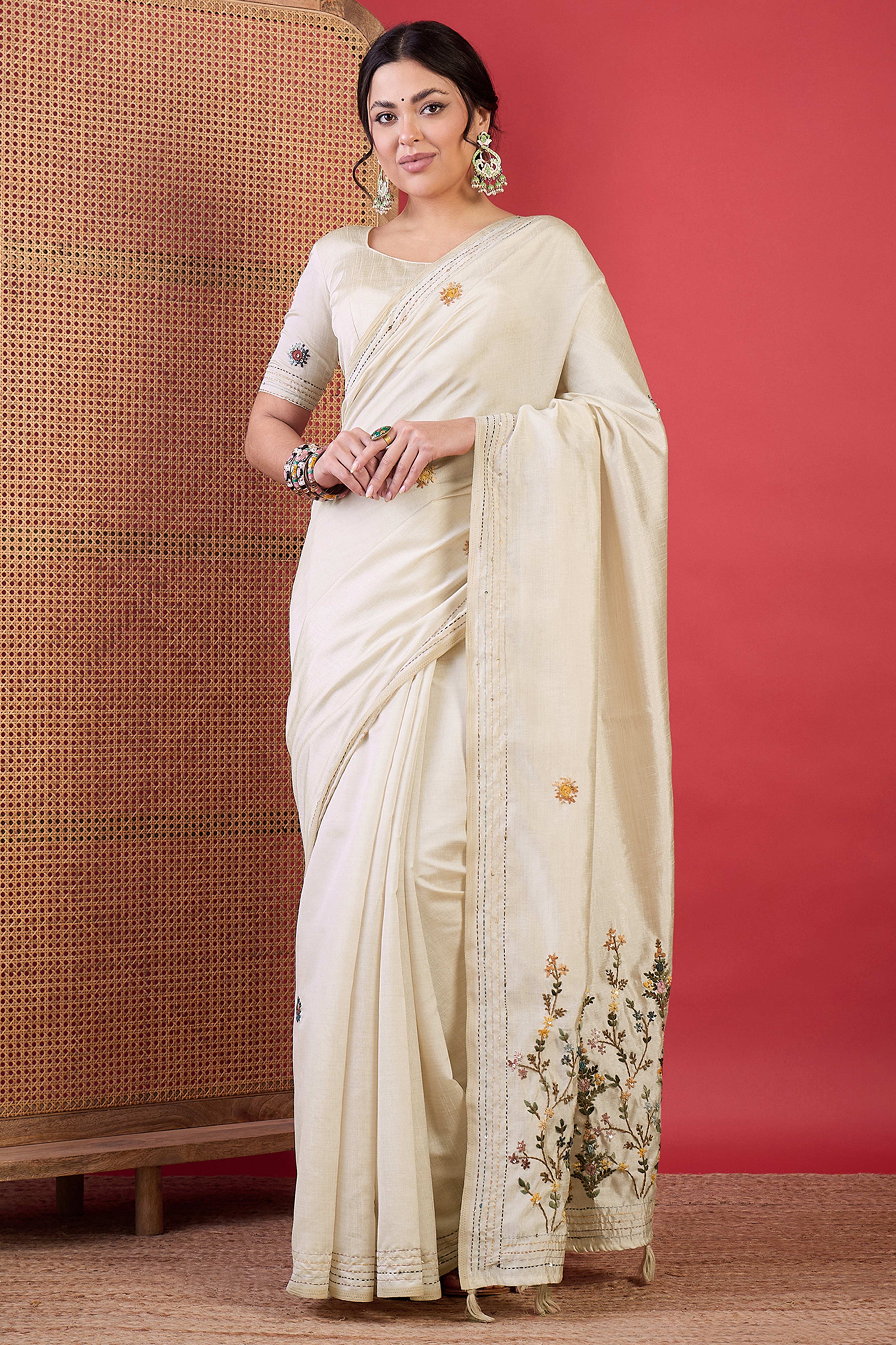 Cream Thread Work Embroidered Tussar Silk Saree with Rich Texture