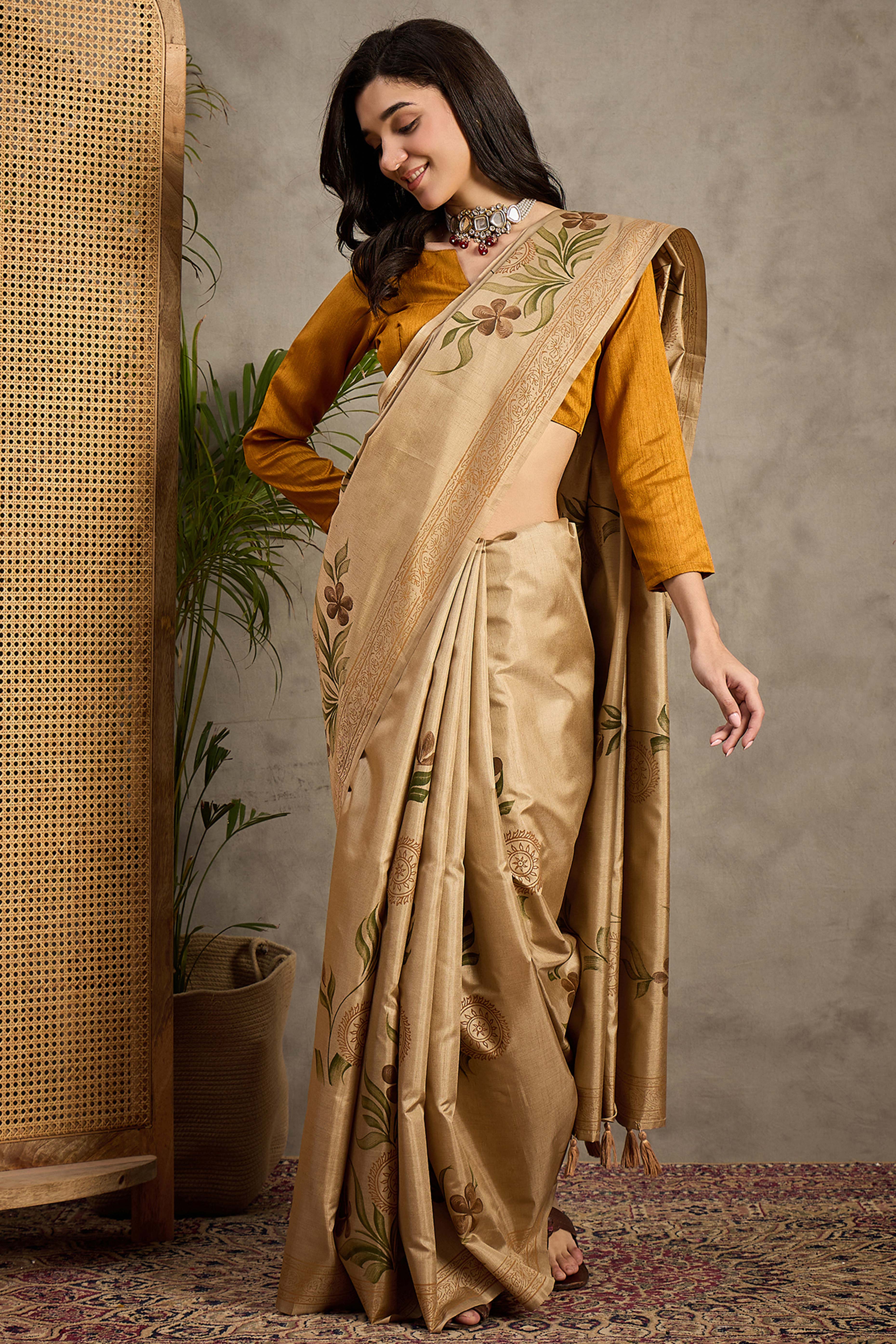 Elegant Beige Floral Print Kozi Cotton Silk Saree Accented With Graceful Tassel Pallu
