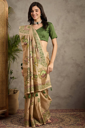 Beige Blossom Printed Kozi Cotton Silk Saree Adorned With Stylish Tassel Detailing Pallu