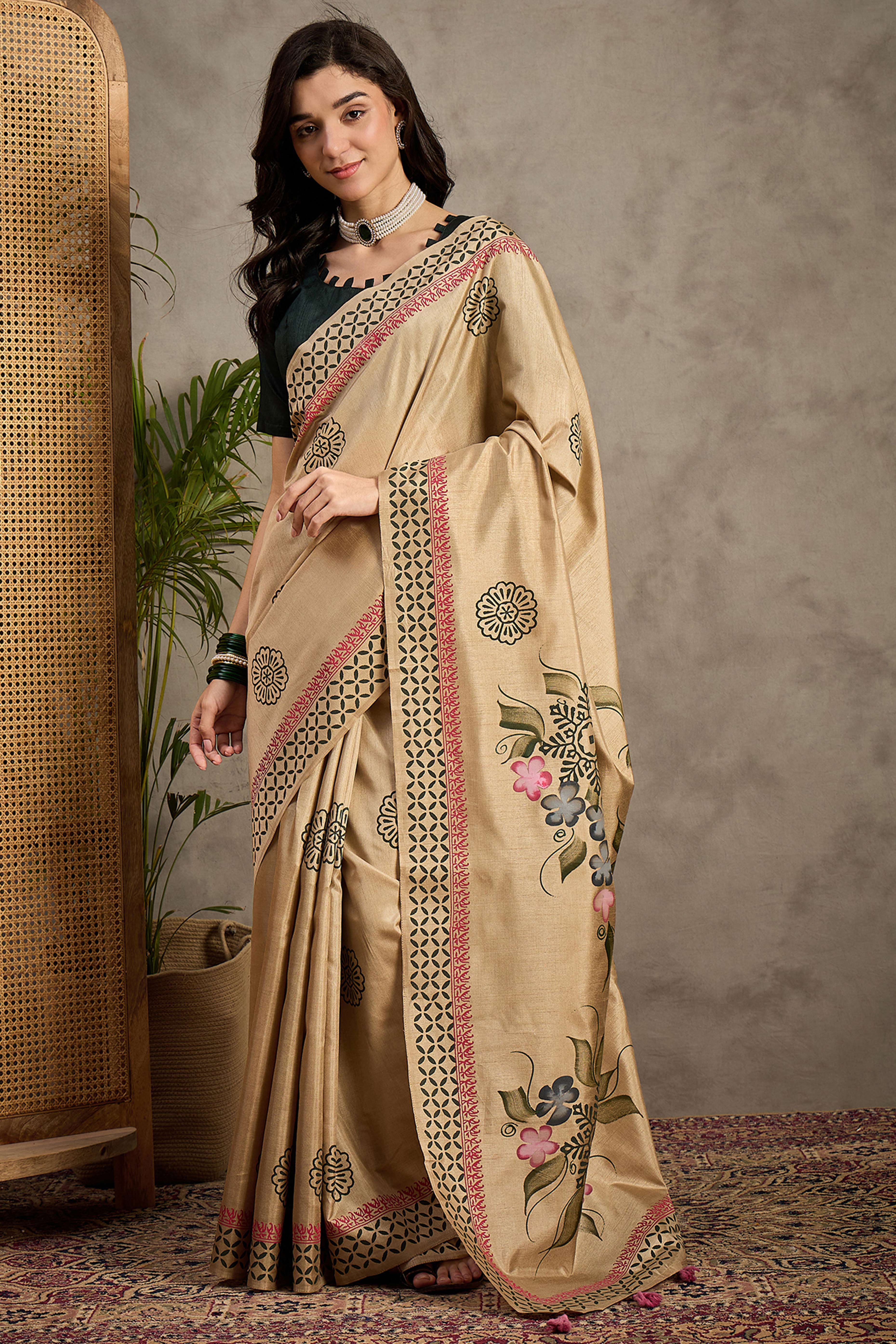 Charming Beige Floral Printed Kozi Cotton Silk Saree With Contemporary Tassel Pallu