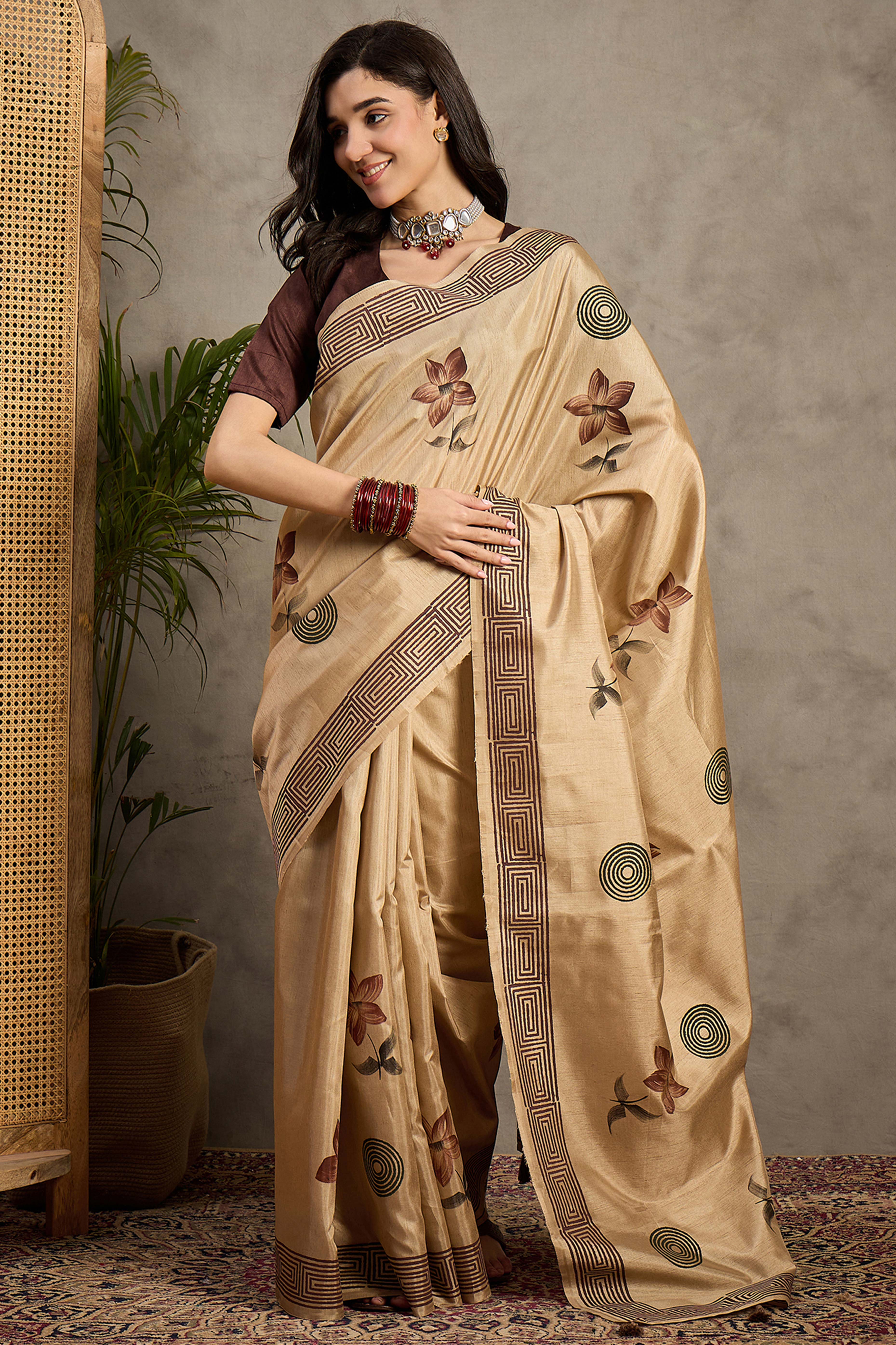 Refined Beige Floral Print Kozi Cotton Silk Saree Highlighted With Tassel Pallu