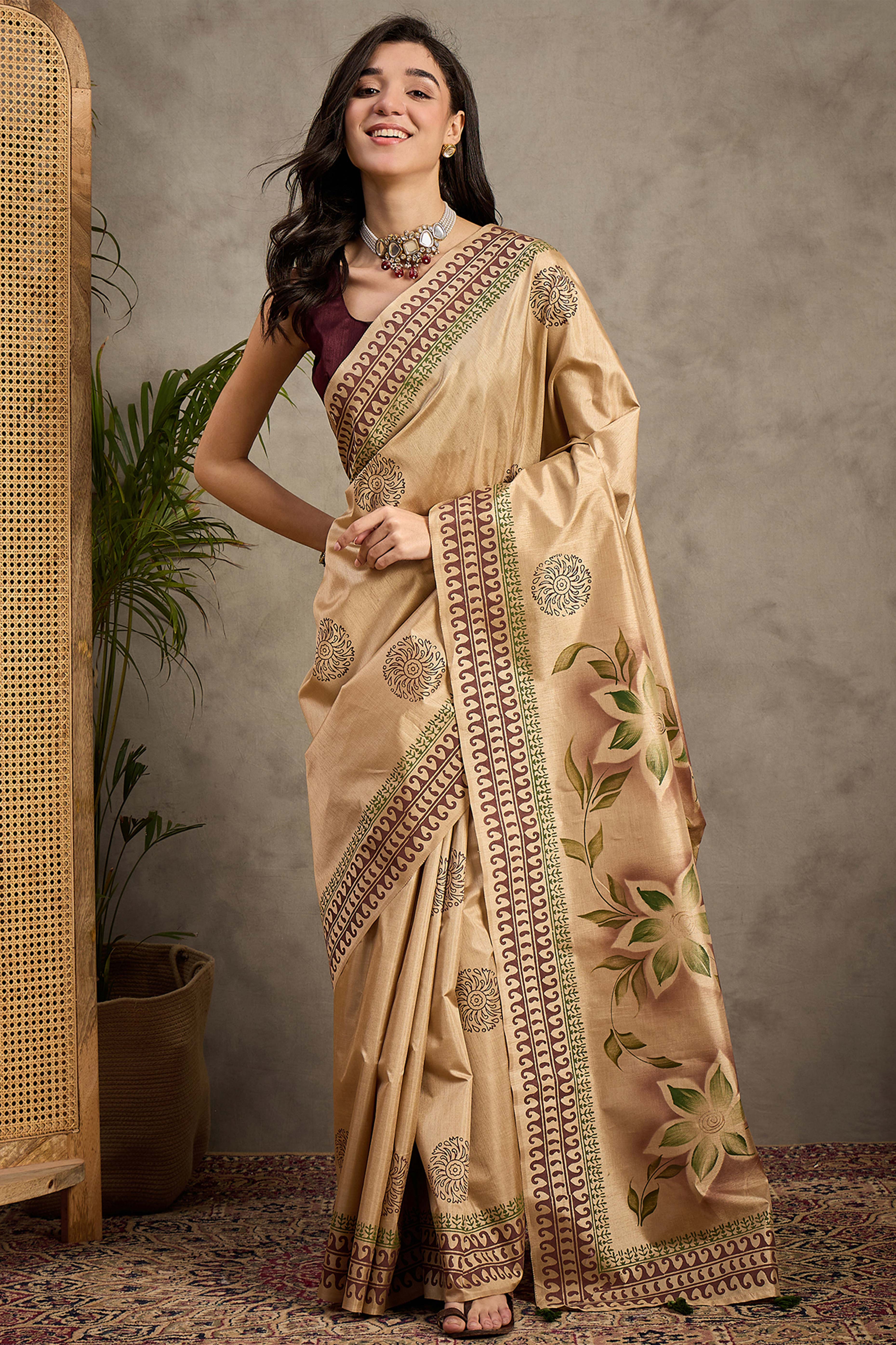 Graceful Beige Floral Printed Kozi Cotton Silk Saree Featuring Tassel Accents Pallu