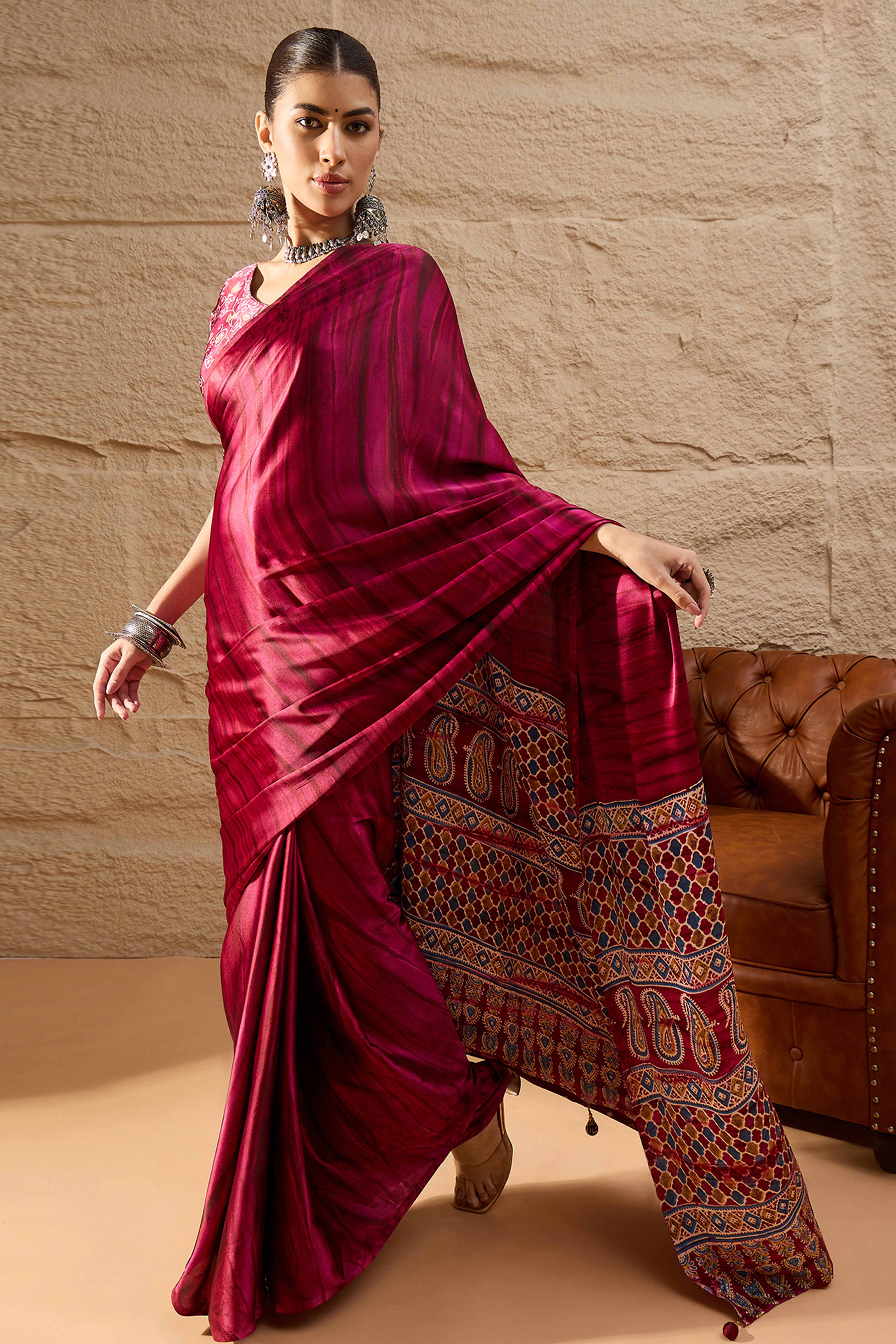 Ajrakh Print Pink Satin Saree with Ethnic Appeal